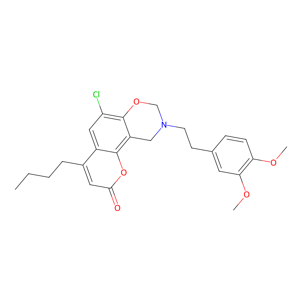 4-butyl-6-chloro-9-[2-(3,4-dimethoxyphenyl)ethyl]-9,10-dihydro-2H,8H-chromeno[8,7-e][1,3]oxazin-2-one molecular structure, CAS 859126-98-0