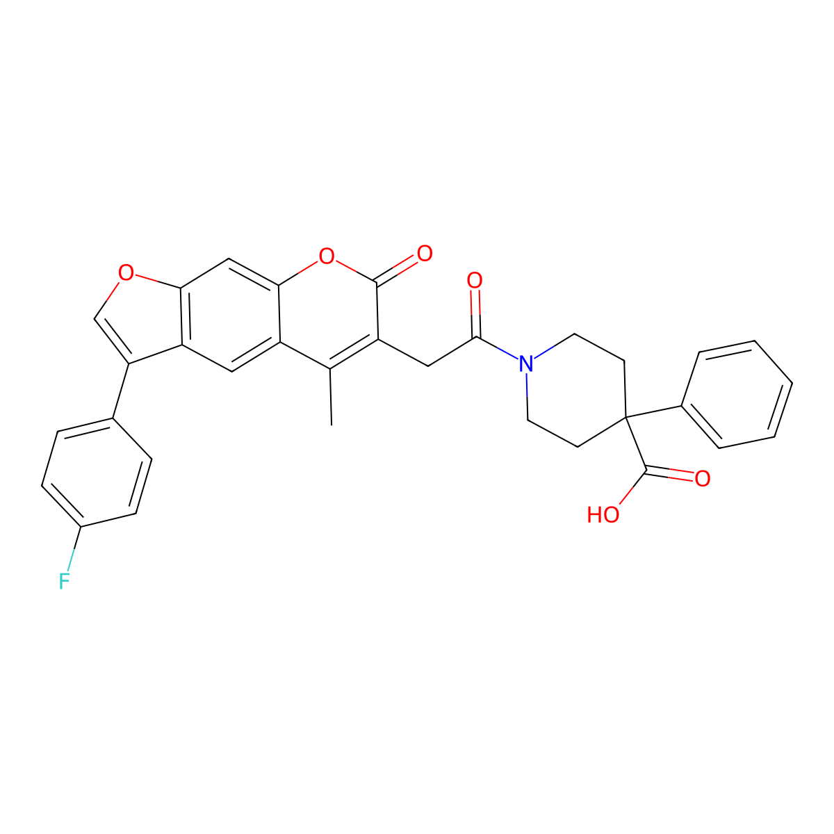 1-{[3-(4-fluorophenyl)-5-methyl-7-oxo-7H-furo[3,2-g]chromen-6-yl]acetyl}-4-phenyl-4-piperidinecarboxylic acid molecular structure, CAS 859127-40-5