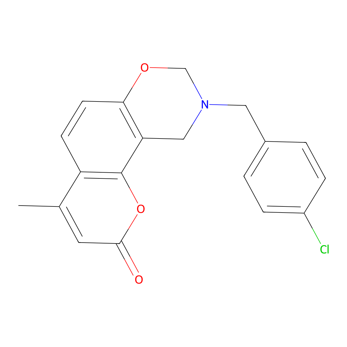 9-(4-chlorobenzyl)-4-methyl-9,10-dihydro-2H,8H-chromeno[8,7-e][1,3]oxazin-2-one molecular structure, CAS 859129-04-7