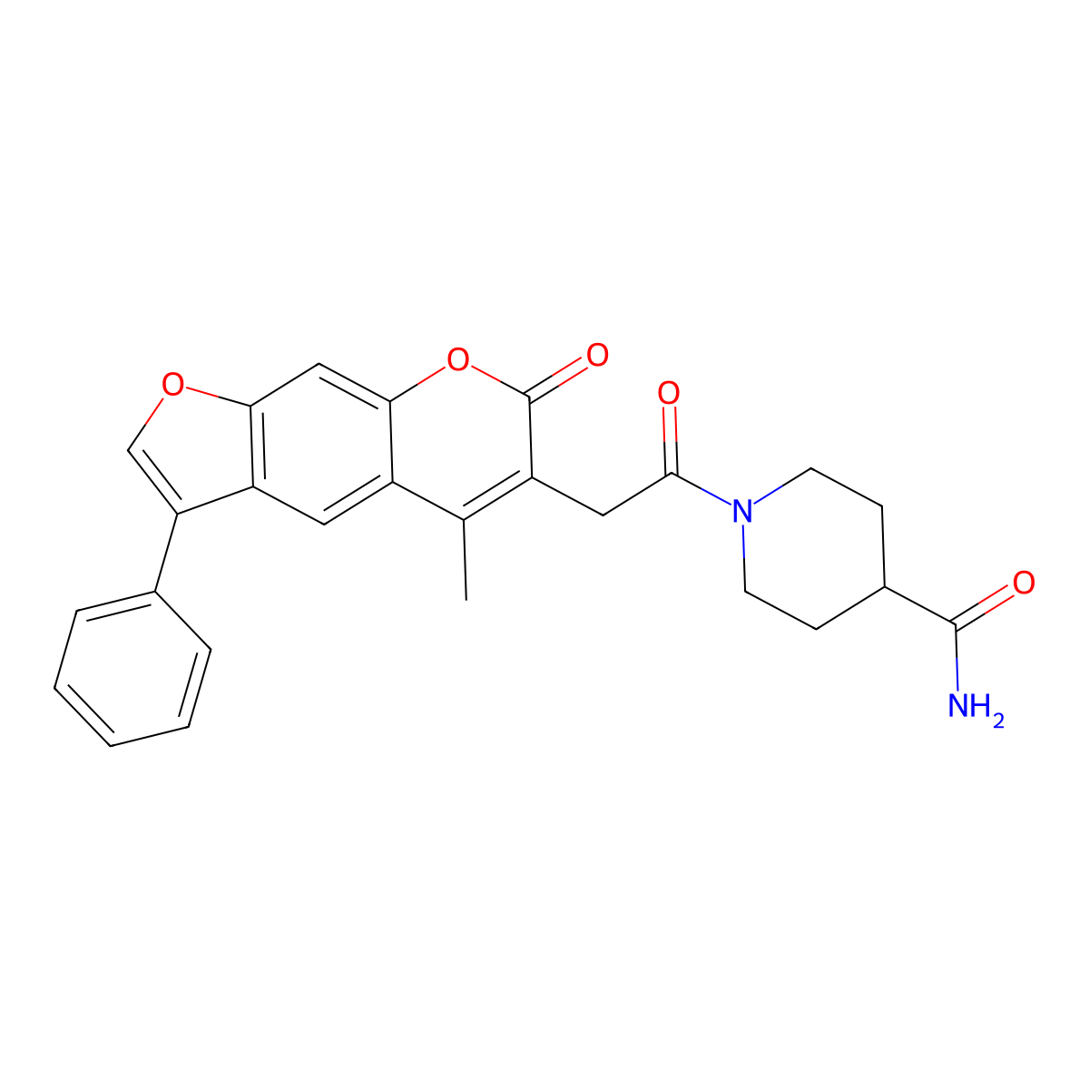 1-[(5-methyl-7-oxo-3-phenyl-7H-furo[3,2-g]chromen-6-yl)acetyl]piperidine-4-carboxamide molecular structure, CAS 859130-74-8