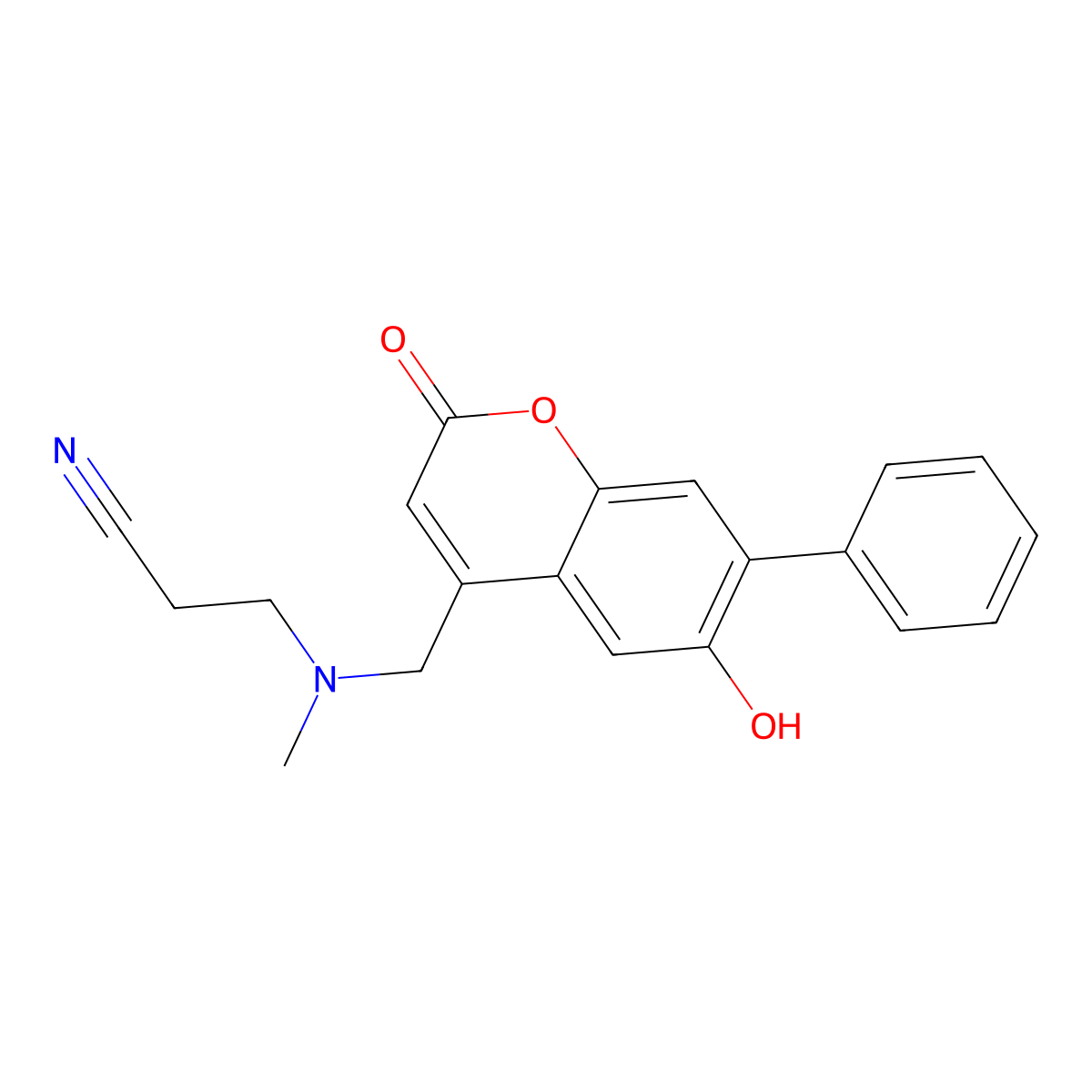 3-(((6-hydroxy-2-oxo-7-phenyl-2H-chromen-4-yl)methyl)(methyl)amino)propanenitrile molecular structure, CAS 859130-92-0