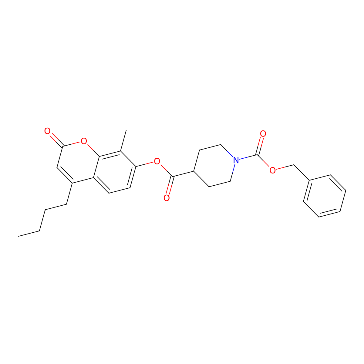 1-benzyl 4-(4-butyl-8-methyl-2-oxo-2H-chromen-7-yl) piperidine-1,4-dicarboxylate molecular structure, CAS 859132-35-7