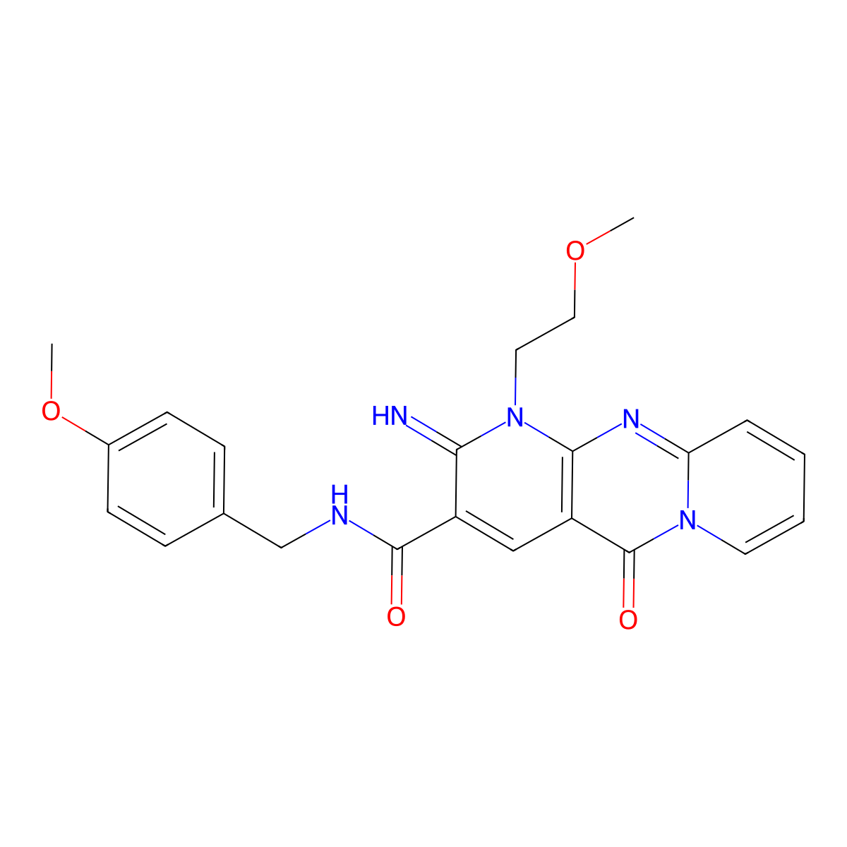 6-imino-7-(2-methoxyethyl)-N-[(4-methoxyphenyl)methyl]-2-oxo-1,7,9-triazatricyclo[8.4.0.0^{3,8}]tetradeca-3(8),4,9,11,13-pentaene-5-carboxamide molecular structure, CAS 859138-99-1