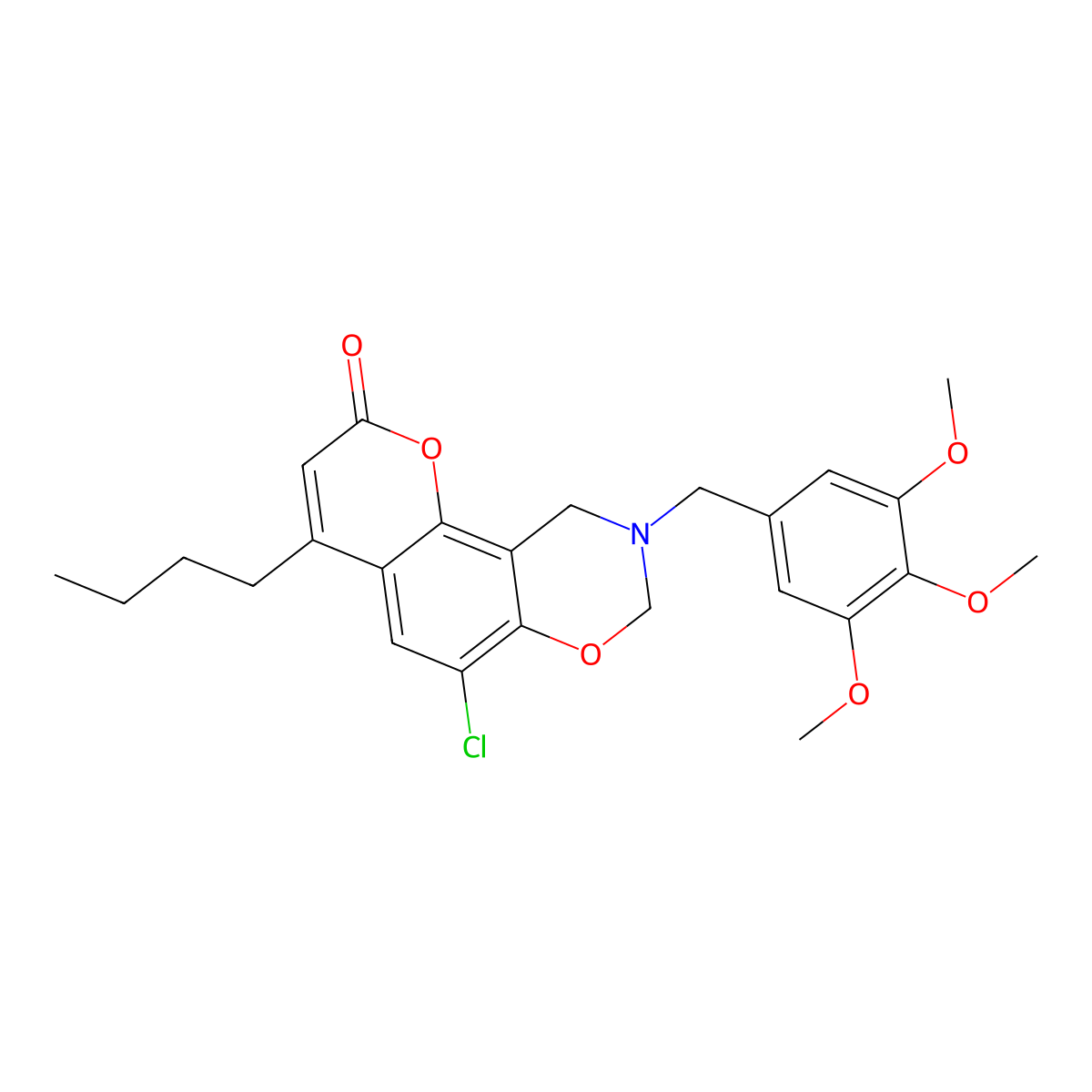4-butyl-6-chloro-9-(3,4,5-trimethoxybenzyl)-9,10-dihydro-2H,8H-chromeno[8,7-e][1,3]oxazin-2-one molecular structure, CAS 859139-35-8