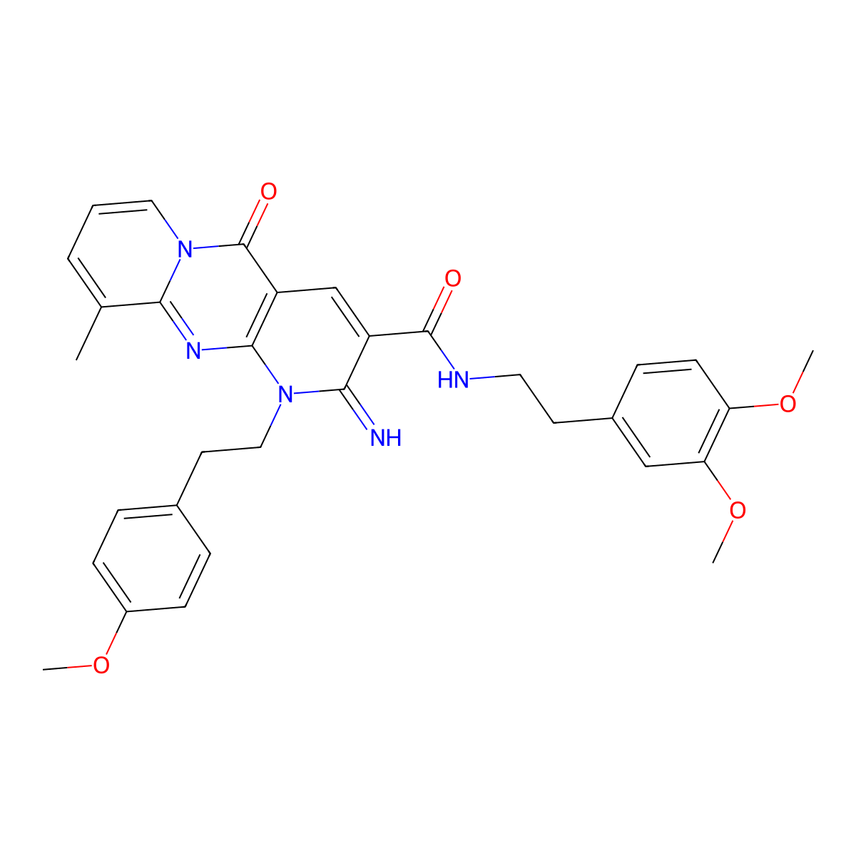 N-[2-(3,4-dimethoxyphenyl)ethyl]-2-imino-1-[2-(4-methoxyphenyl)ethyl]-10-methyl-5-oxo-1,5-dihydro-2H-dipyrido[1,2-a:2',3'-d]pyrimidine-3-carboxamide molecular structure, CAS 859139-41-6