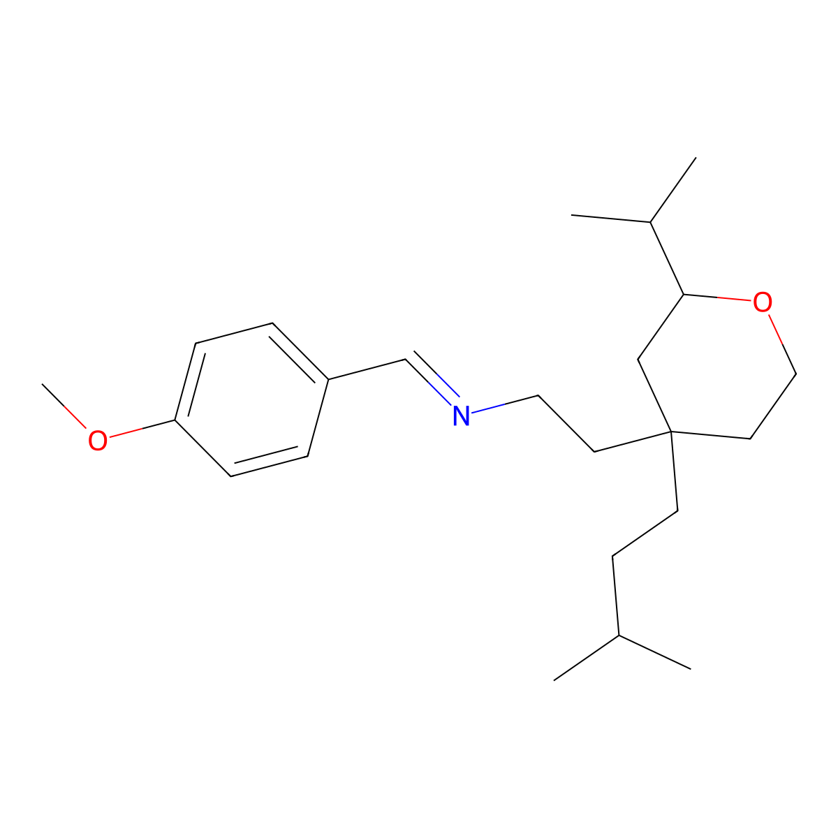 Tetrahydro-N-[(4-methoxyphenyl)methylene]-4-(3-methylbutyl)-2-(1-methylethyl)-2H-pyran-4-ethanamine molecular structure, CAS 859140-40-2