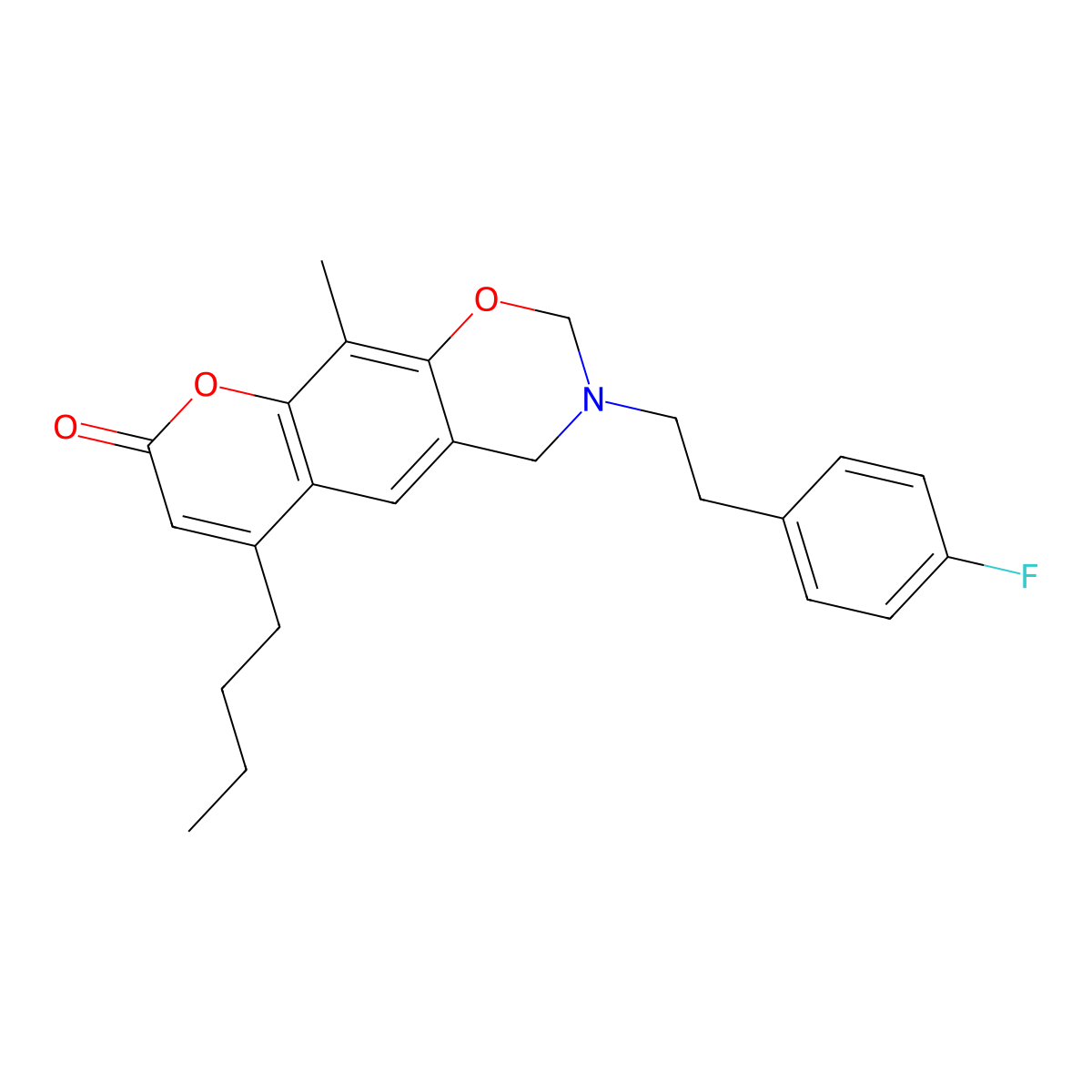 6-butyl-3-[2-(4-fluorophenyl)ethyl]-10-methyl-3,4-dihydro-2H,8H-chromeno[6,7-e][1,3]oxazin-8-one molecular structure, CAS 859143-70-7