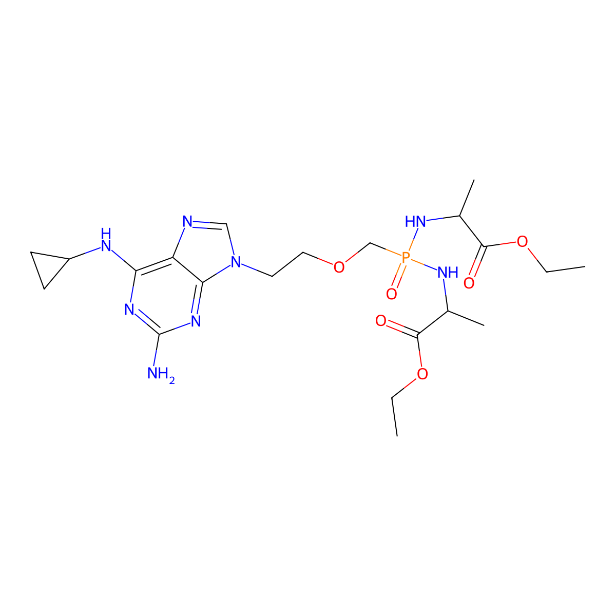 N,N'-(((2-(2-Amino-6-(cyclopropylamino)-9H-purin-9-yl)ethoxy)methyl)phosphinylidene)bis(L-alanine) 1,1'-ethyl ester molecular structure, CAS 859209-74-8