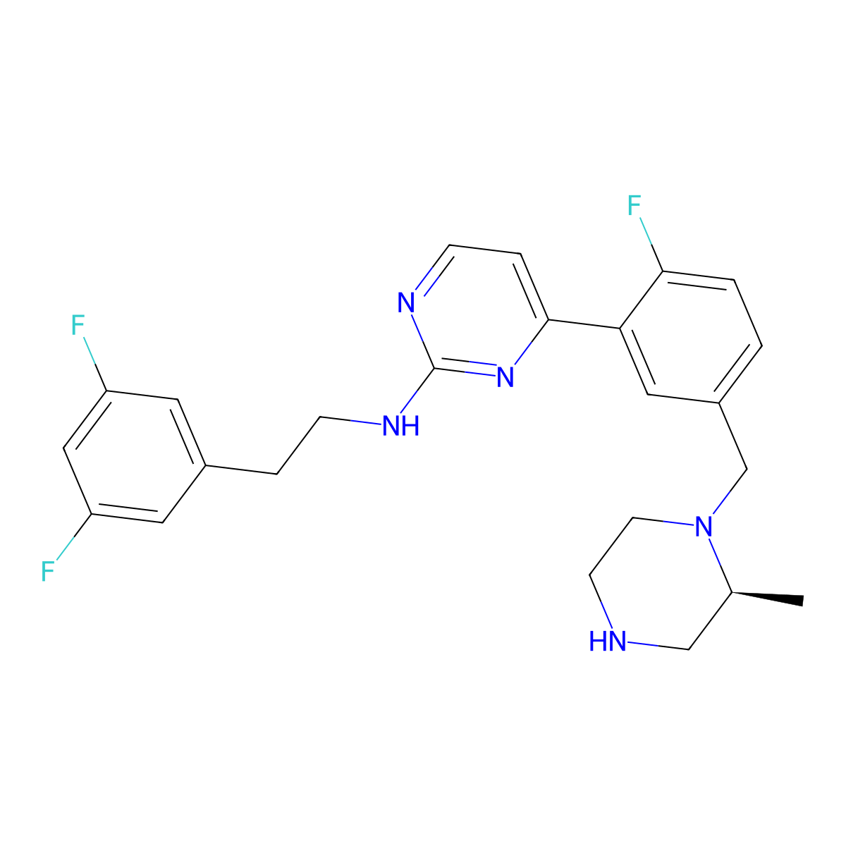 N-[2-(3,5-difluorophenyl)ethyl]-4-(2-fluoro-5-{[(2S)-2-methylpiperazin-1-yl]methyl}phenyl)pyrimidin-2-amine molecular structure, CAS 859518-94-8