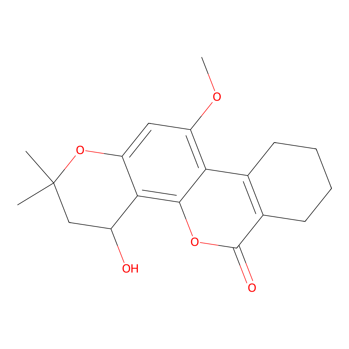 4-hydroxy-11-methoxy-2,2-dimethyl-3,4,7,8,9,10-hexahydro-2H,6H-benzo[c]pyrano[2,3-h]chromen-6-one molecular structure, CAS 859660-65-4