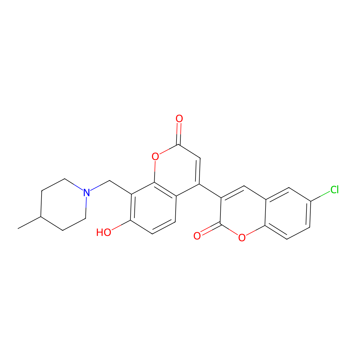 6-chloro-7'-hydroxy-8'-[(4-methylpiperidin-1-yl)methyl]-2H,2'H-3,4'-bichromene-2,2'-dione molecular structure, CAS 859660-99-4