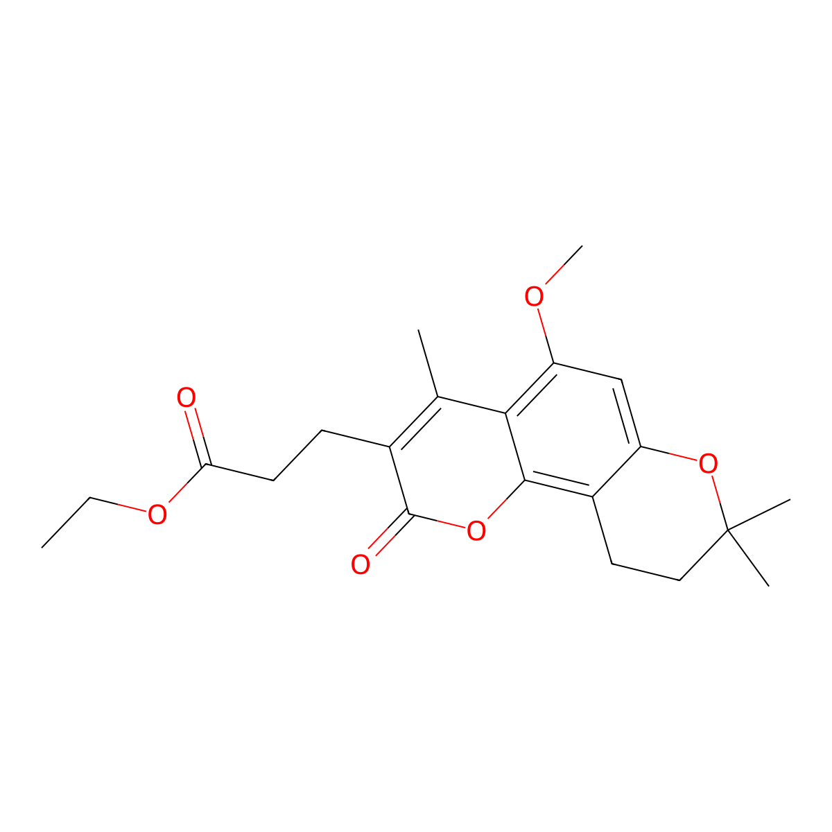 Ethyl 3-(5-methoxy-4,8,8-trimethyl-2-oxo-9,10-dihydropyrano[2,3-h]chromen-3-yl)propanoate molecular structure, CAS 859663-21-1
