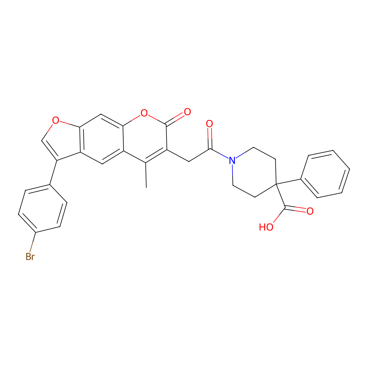 1-{[3-(4-bromophenyl)-5-methyl-7-oxo-7H-furo[3,2-g]chromen-6-yl]acetyl}-4-phenyl-4-piperidinecarboxylic acid molecular structure, CAS 859664-02-1