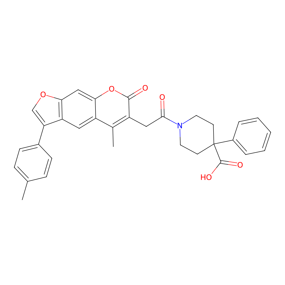 1-{[5-methyl-3-(4-methylphenyl)-7-oxo-7H-furo[3,2-g]chromen-6-yl]acetyl}-4-phenyl-4-piperidinecarboxylic acid molecular structure, CAS 859664-64-5