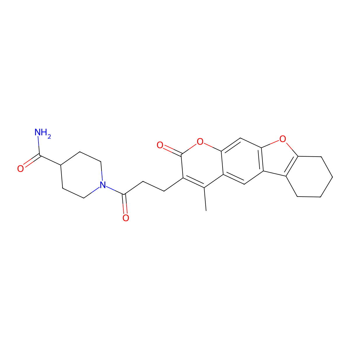 1-[3-(4-methyl-2-oxo-6,7,8,9-tetrahydro-2H-[1]benzofuro[3,2-g]chromen-3-yl)propanoyl]-4-piperidinecarboxamide molecular structure, CAS 859667-30-4