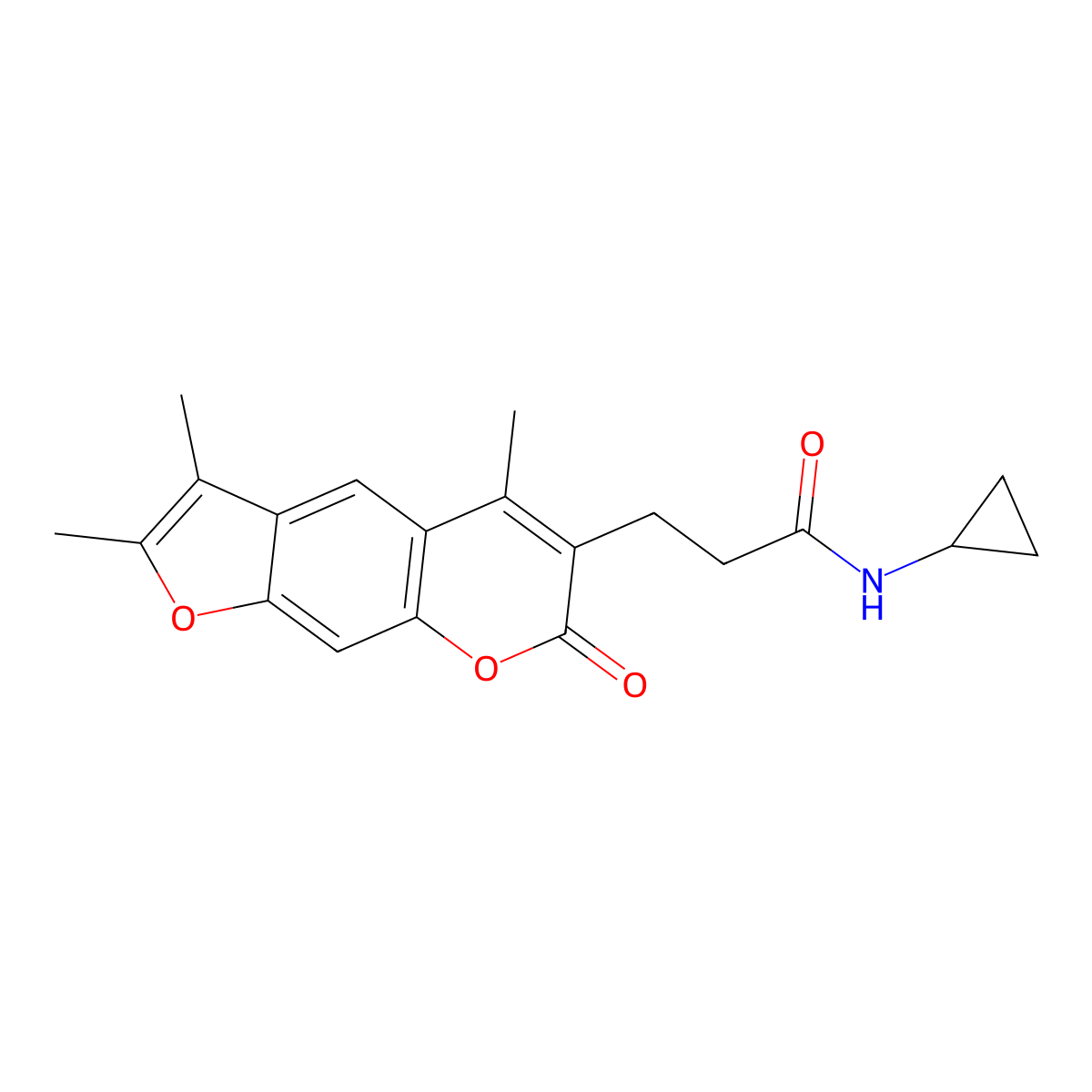 N-cyclopropyl-3-(2,3,5-trimethyl-7-oxo-7H-furo[3,2-g]chromen-6-yl)propanamide molecular structure, CAS 859668-85-2