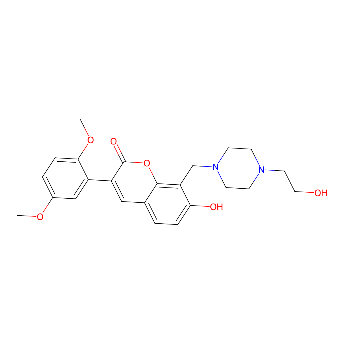 3-(2,5-dimethoxyphenyl)-7-hydroxy-8-{[4-(2-hydroxyethyl)piperazin-1-yl]methyl}-2H-chromen-2-one molecular structure, CAS 859672-31-4