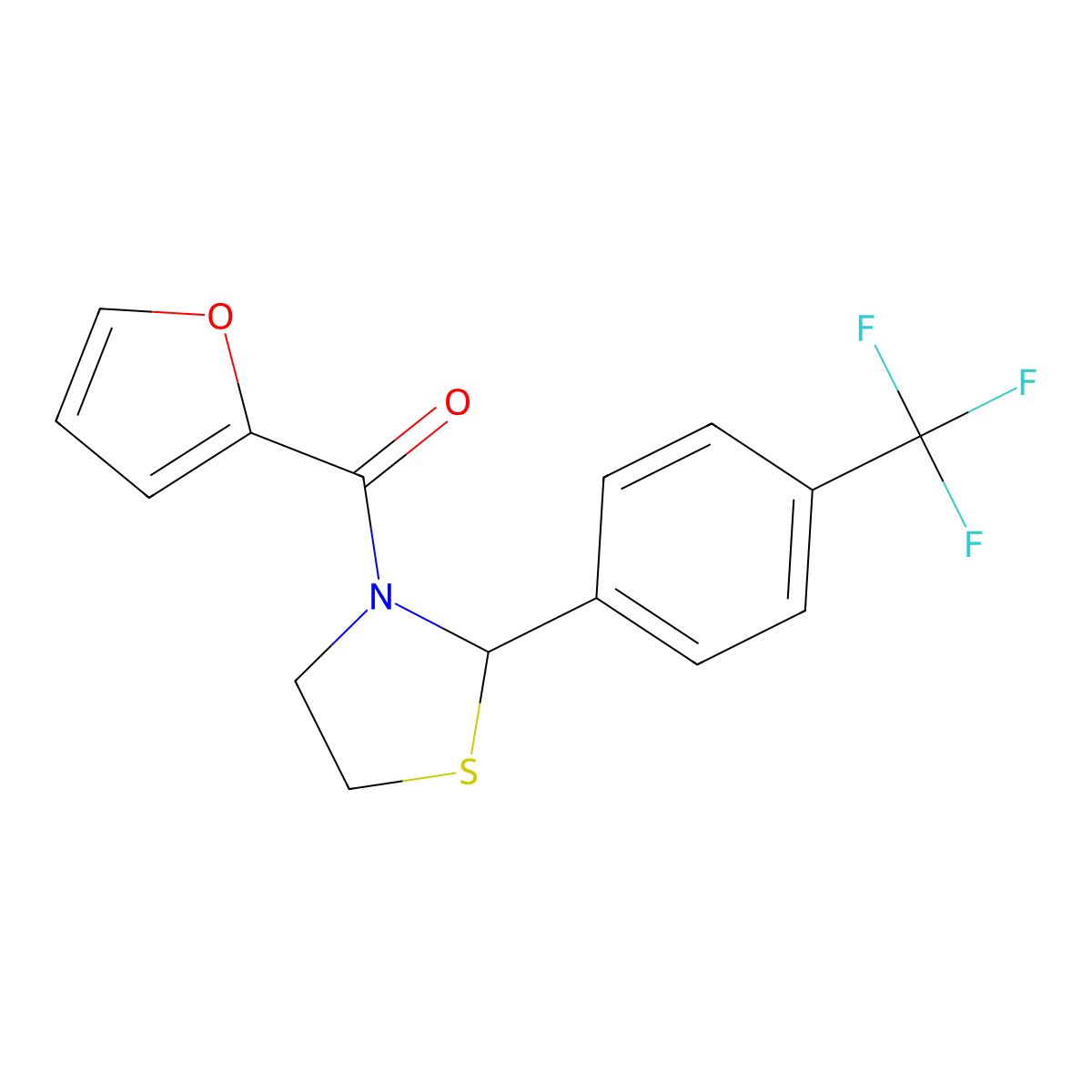 Furan-2-yl(2-(4-(trifluoromethyl)phenyl)thiazolidin-3-yl)methanone molecular structure, CAS 859676-62-3