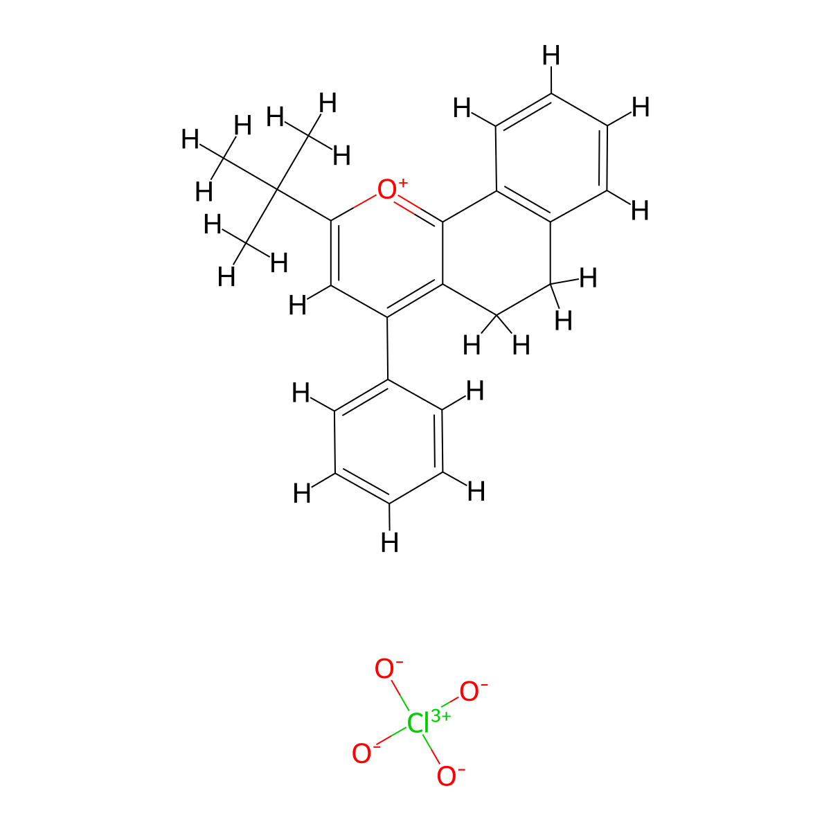 2-tert-Butyl-4-phenyl-5,6-dihydrobenzo[h]-chromenium perchlorate molecular structure, CAS 85973-02-0