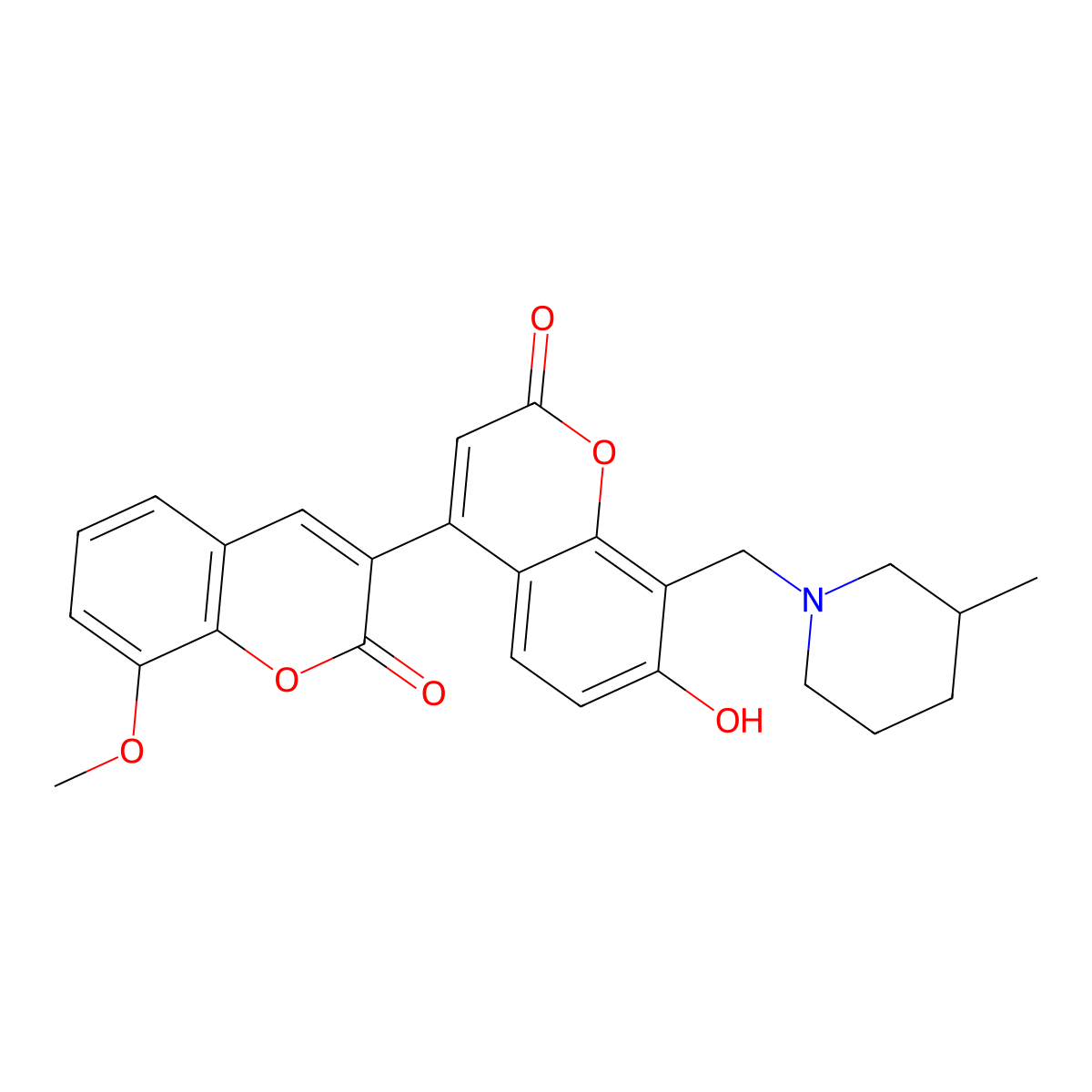 7'-hydroxy-8-methoxy-8'-[(3-methylpiperidin-1-yl)methyl]-2H,2'H-3,4'-bichromene-2,2'-dione molecular structure, CAS 859858-61-0