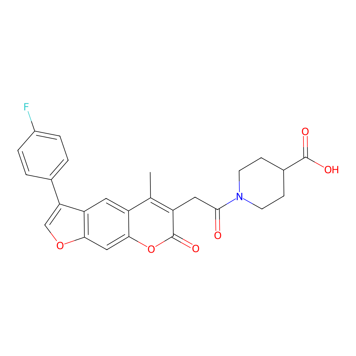 1-{[3-(4-fluorophenyl)-5-methyl-7-oxo-7H-furo[3,2-g]chromen-6-yl]acetyl}piperidine-4-carboxylic acid molecular structure, CAS 859859-87-3