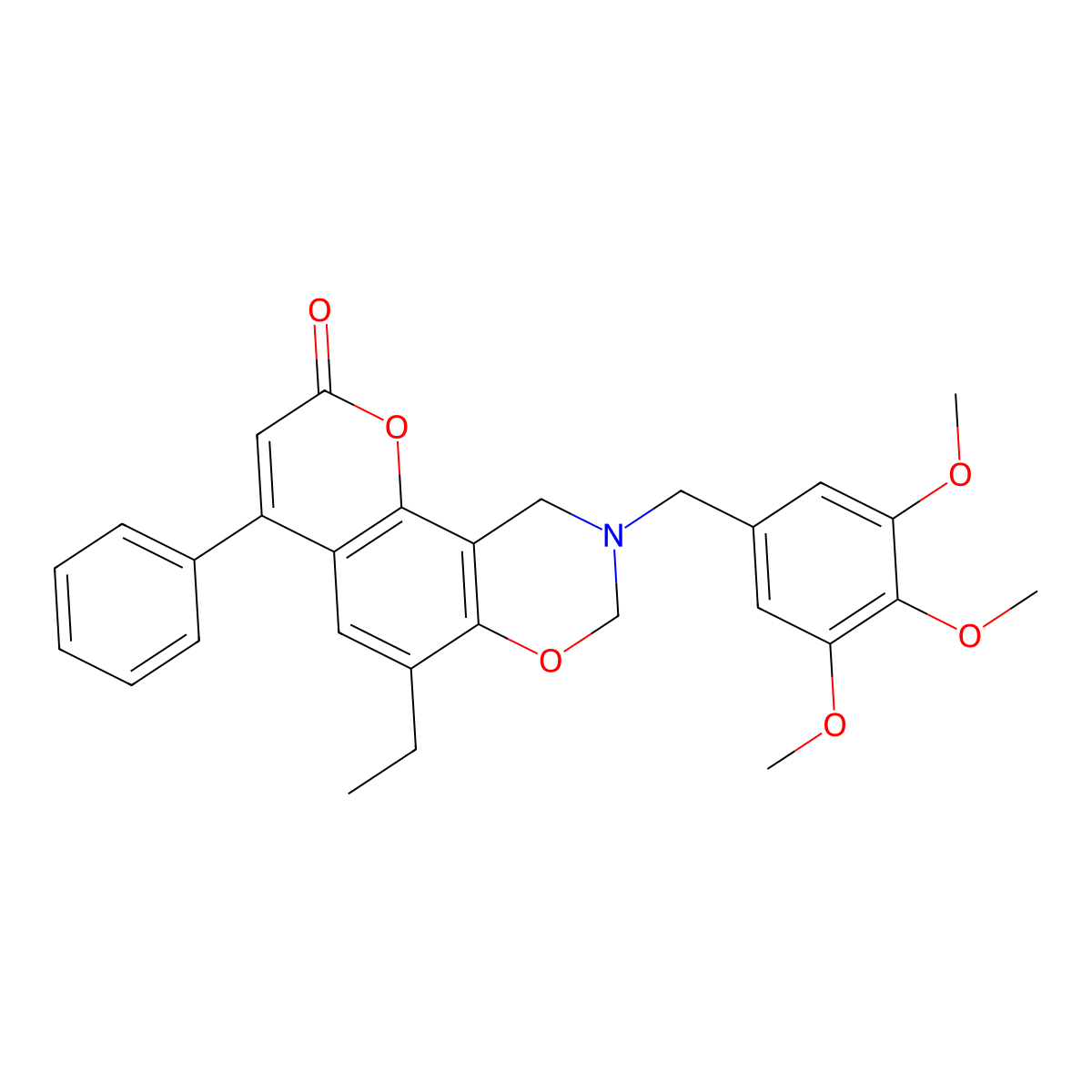 6-ethyl-4-phenyl-9-(3,4,5-trimethoxybenzyl)-9,10-dihydro-2H,8H-chromeno[8,7-e][1,3]oxazin-2-one molecular structure, CAS 859861-30-6