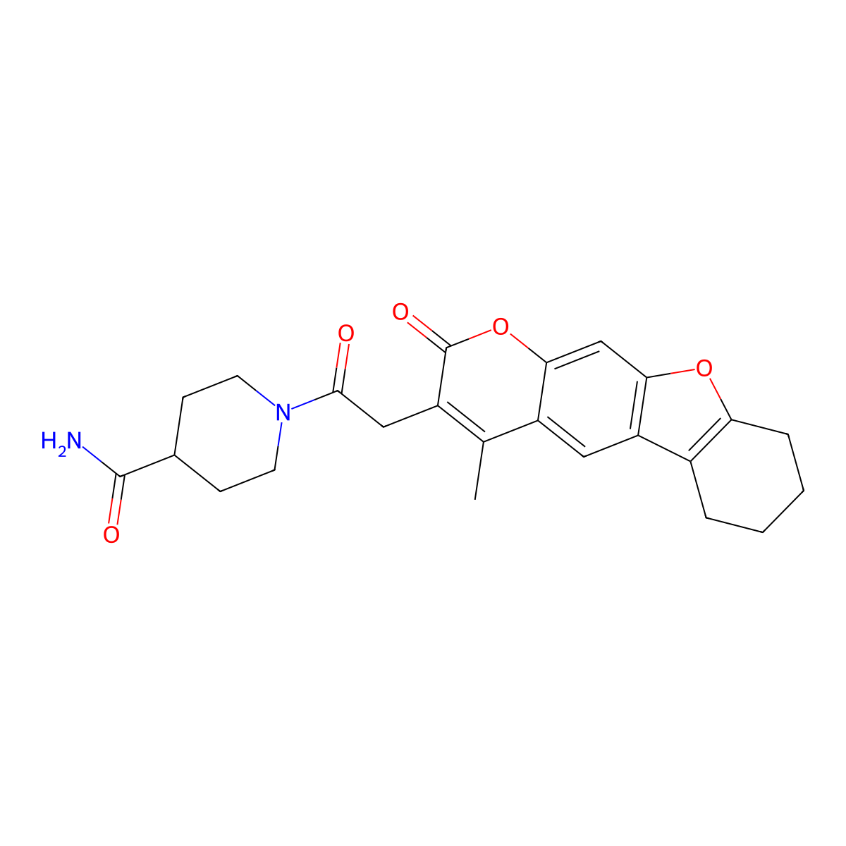 1-[(4-methyl-2-oxo-6,7,8,9-tetrahydro-2H-[1]benzofuro[3,2-g]chromen-3-yl)acetyl]piperidine-4-carboxamide molecular structure, CAS 859862-30-9