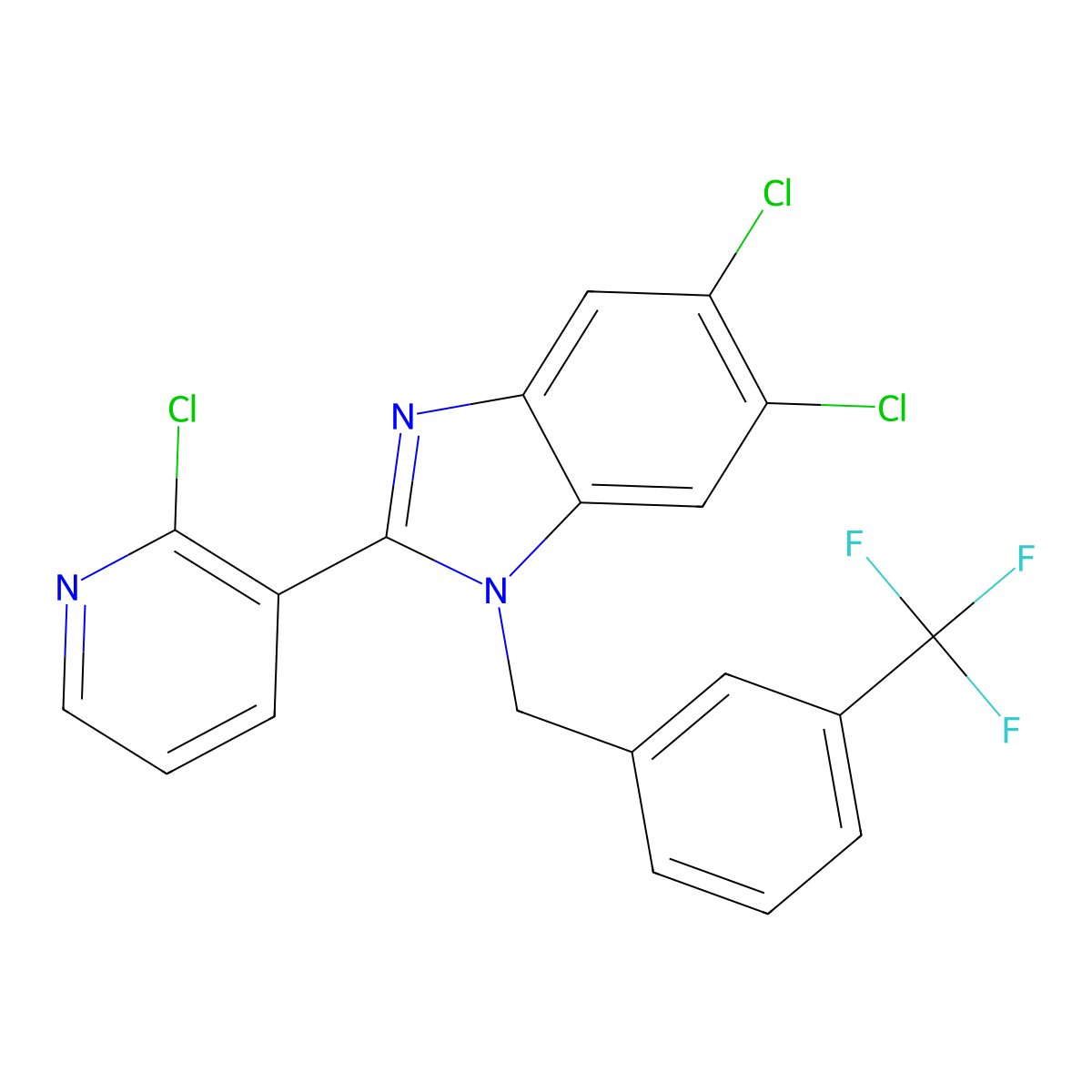 5,6-dichloro-2-(2-chloro-3-pyridinyl)-1-[3-(trifluoromethyl)benzyl]-1H-1,3-benzimidazole molecular structure, CAS 860609-21-8