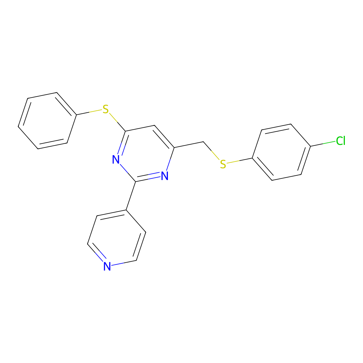 4-Chlorophenyl [6-(phenylsulfanyl)-2-(4-pyridinyl)-4-pyrimidinyl]methyl sulfide molecular structure, CAS 860609-55-8