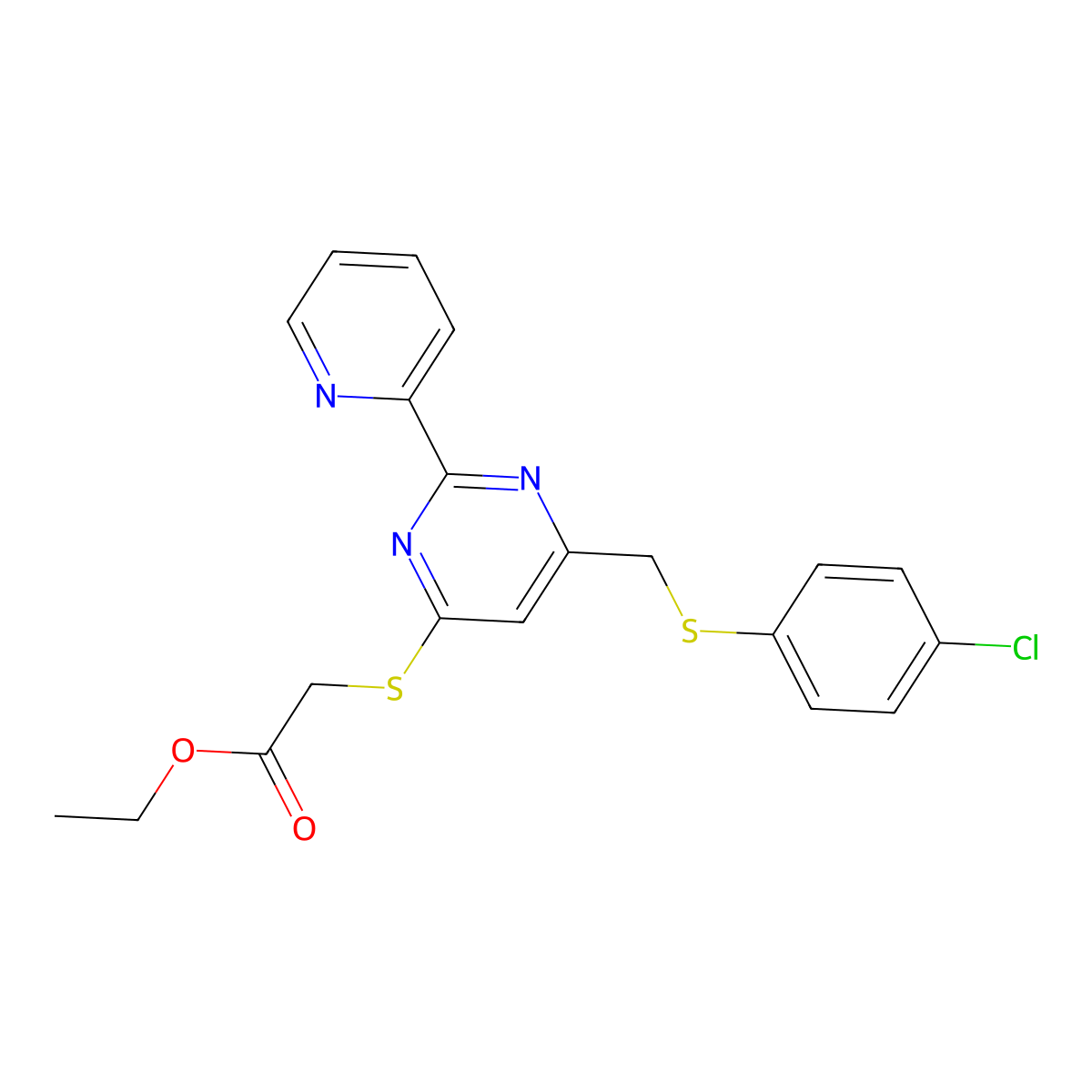 Ethyl 2-{[6-{[(4-chlorophenyl)sulfanyl]methyl}-2-(2-pyridinyl)-4-pyrimidinyl]sulfanyl}acetate molecular structure, CAS 860609-57-0