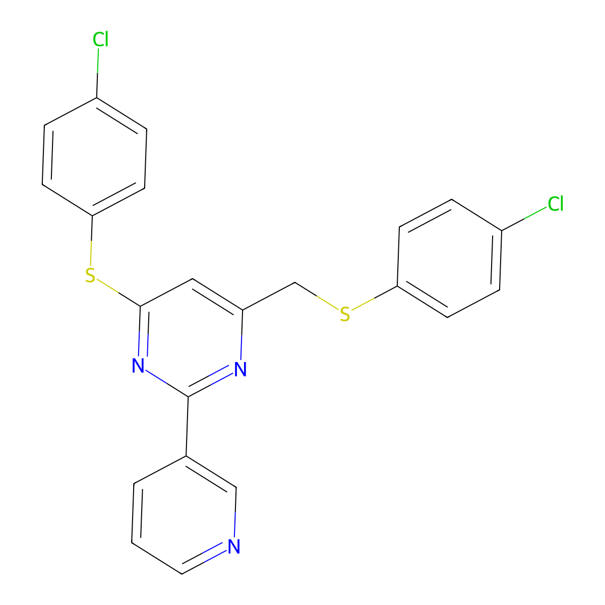4-Chlorophenyl 6-{[(4-chlorophenyl)sulfanyl]methyl}-2-(3-pyridinyl)-4-pyrimidinyl sulfide molecular structure, CAS 860609-58-1