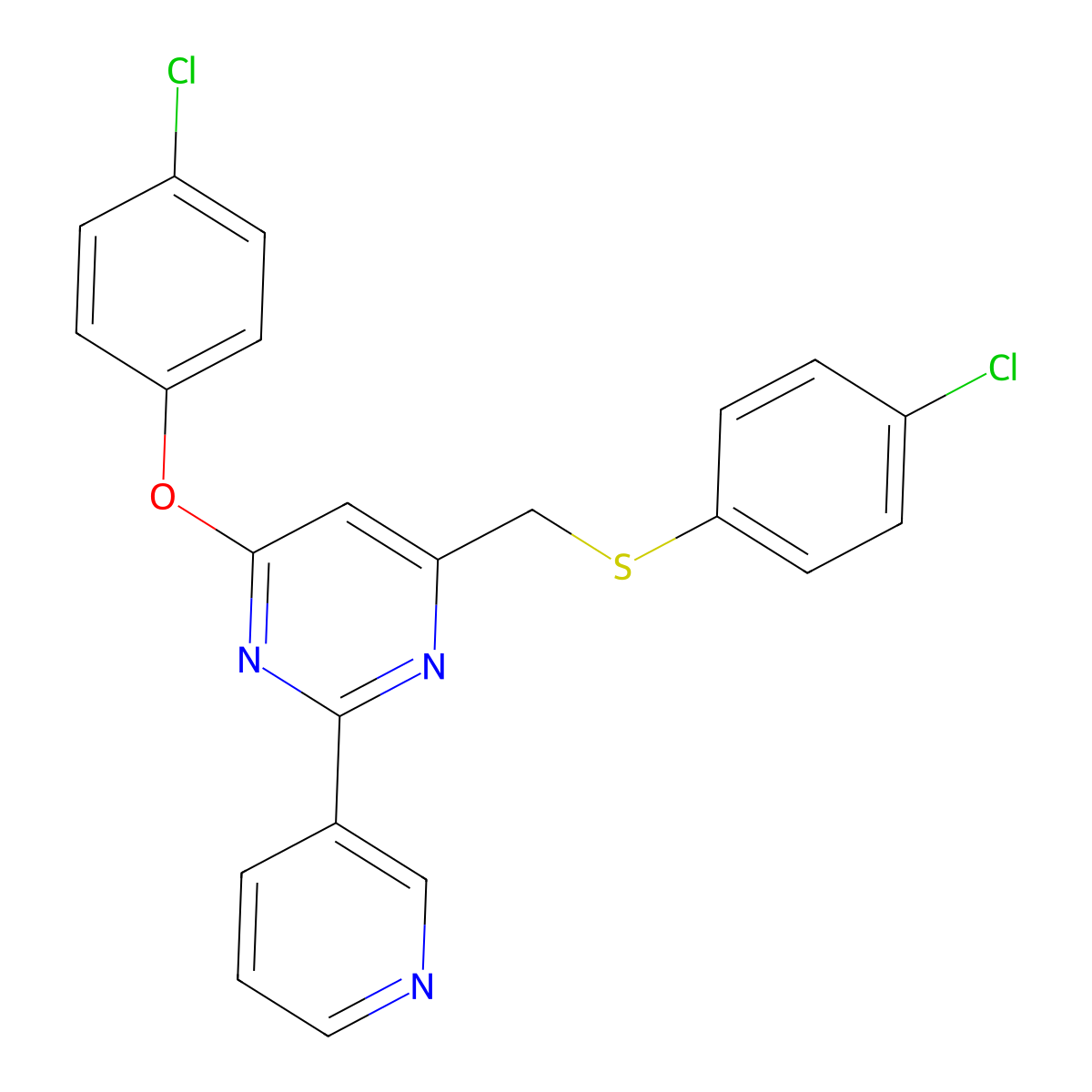 4-(4-Chlorophenoxy)-6-{[(4-chlorophenyl)sulfanyl]methyl}-2-(3-pyridinyl)pyrimidine molecular structure, CAS 860609-59-2