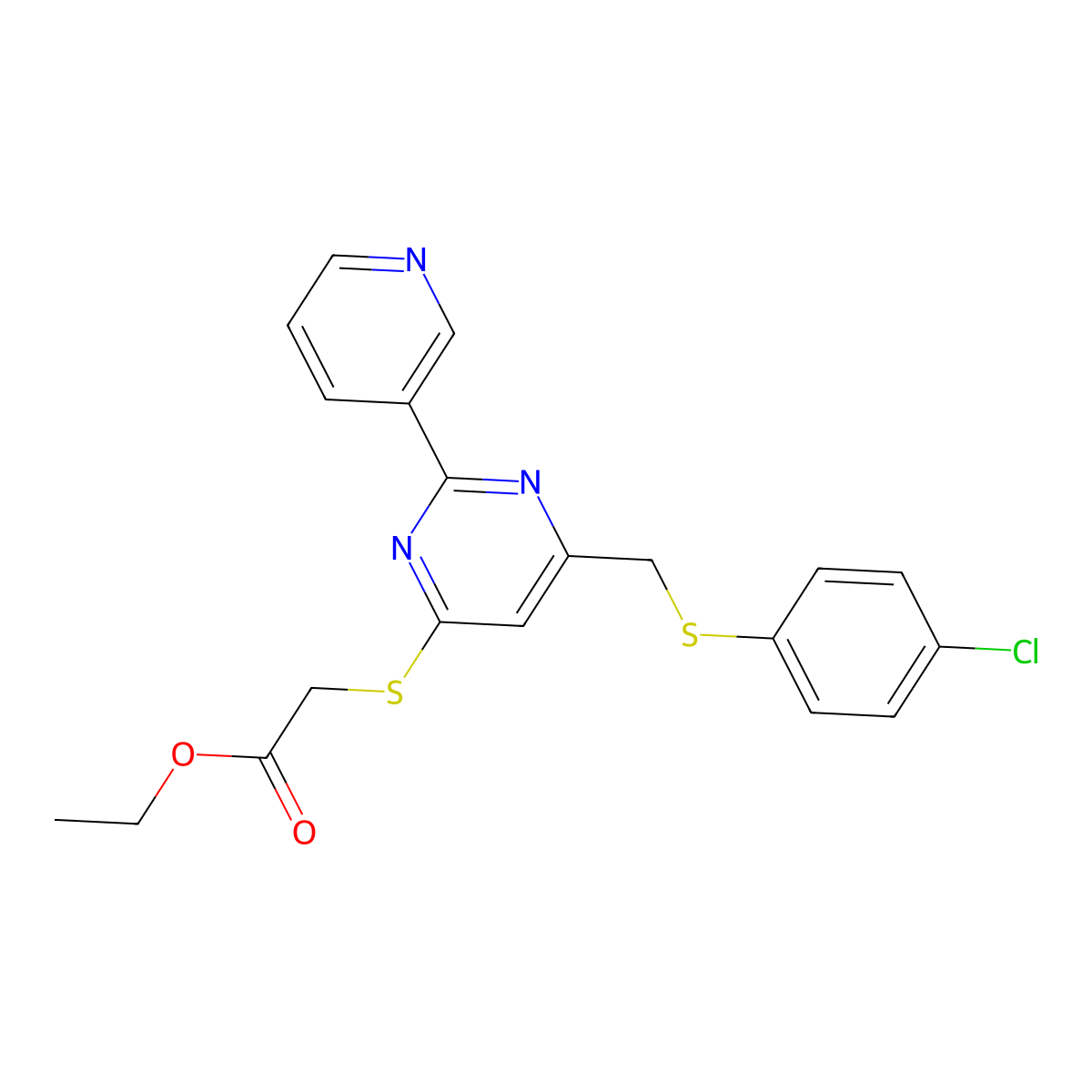 Ethyl 2-{[6-{[(4-chlorophenyl)sulfanyl]methyl}-2-(3-pyridinyl)-4-pyrimidinyl]sulfanyl}acetate molecular structure, CAS 860609-60-5