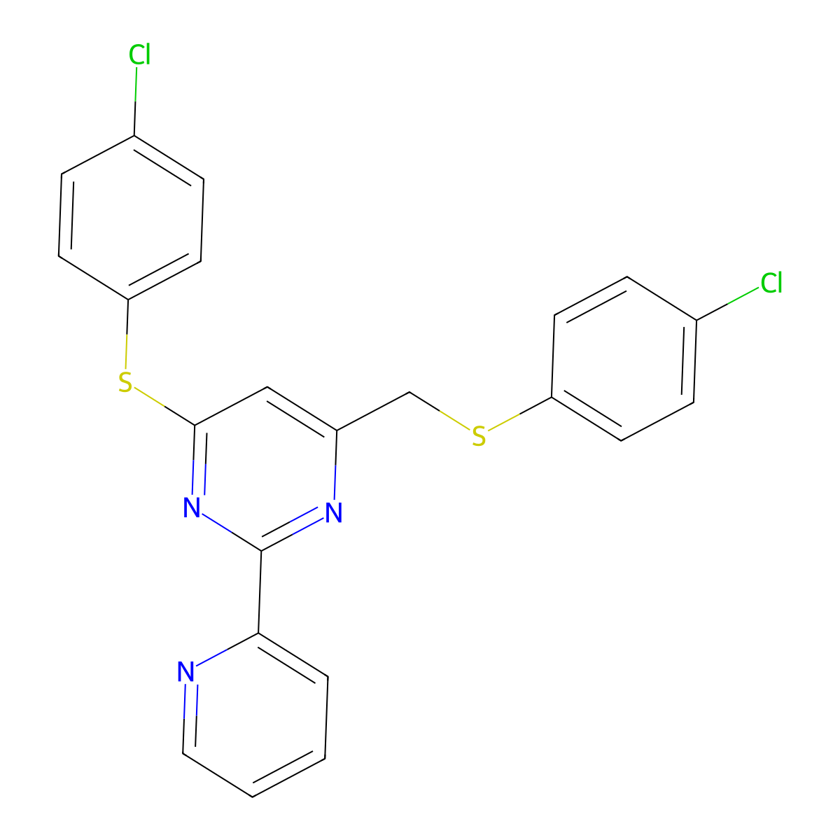 4-Chlorophenyl 6-{[(4-chlorophenyl)sulfanyl]methyl}-2-(2-pyridinyl)-4-pyrimidinyl sulfide molecular structure, CAS 860609-61-6