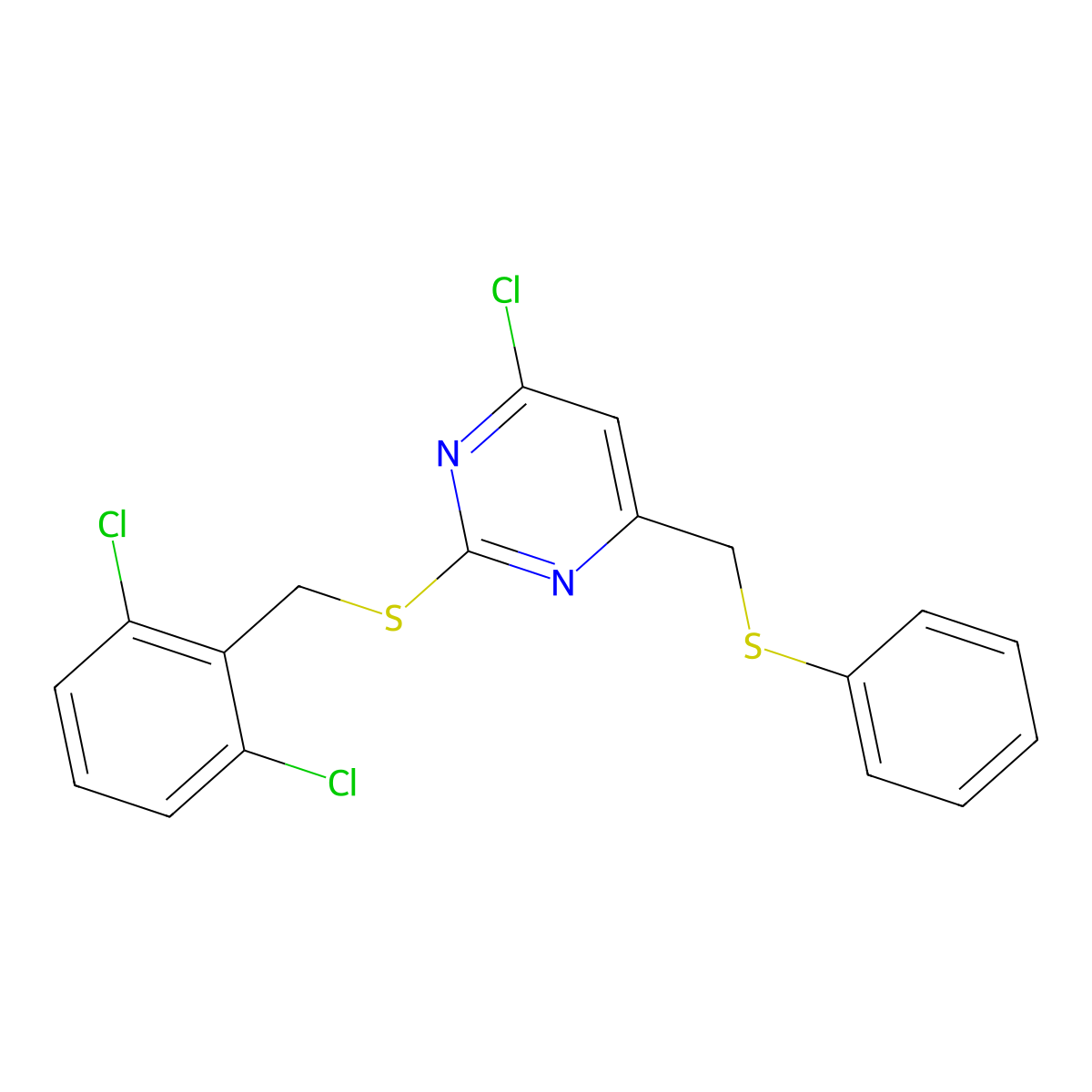 4-Chloro-2-[(2,6-dichlorophenyl)methylsulfanyl]-6-(phenylsulfanylmethyl)pyrimidine molecular structure, CAS 860609-64-9