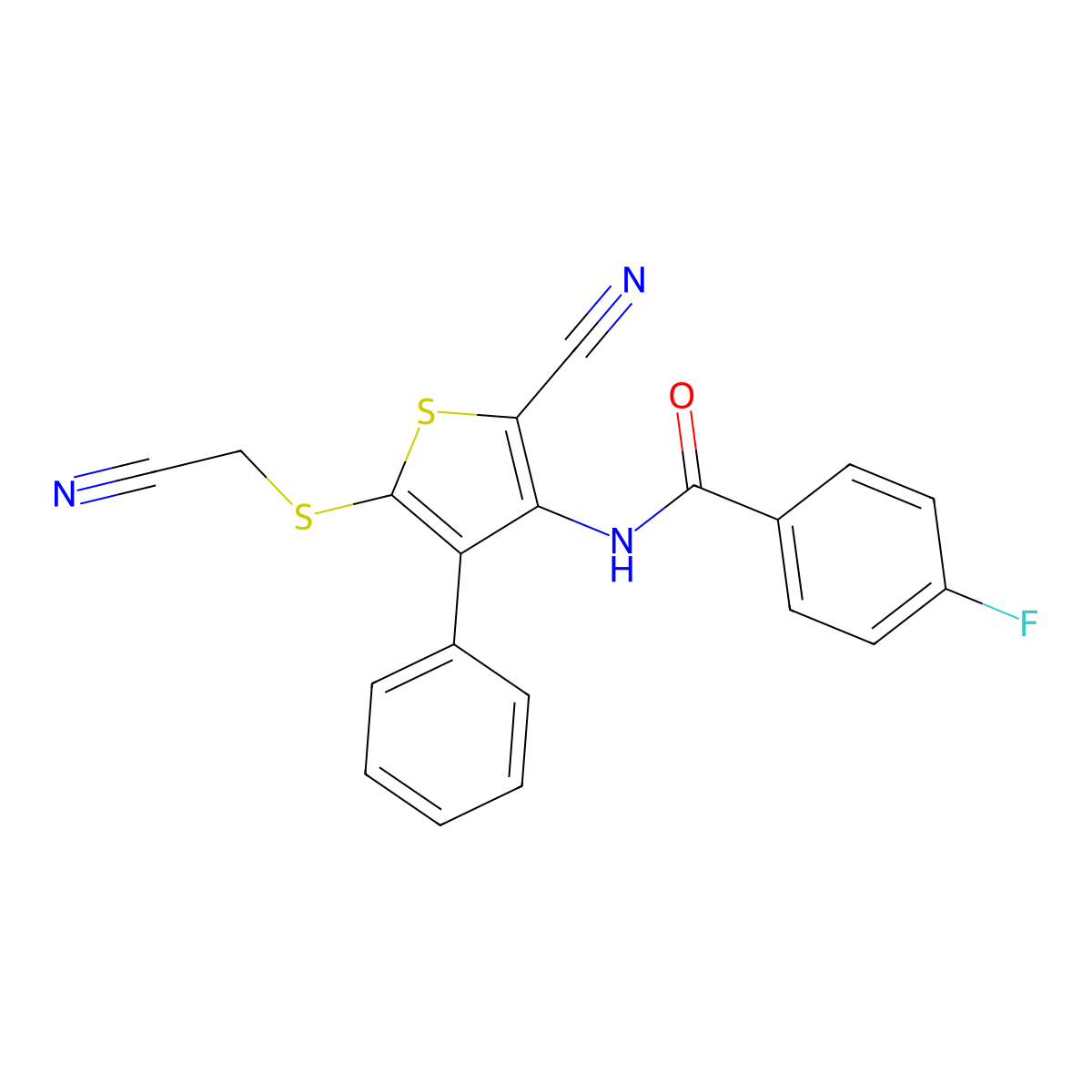 N-{2-cyano-5-[(cyanomethyl)sulfanyl]-4-phenyl-3-thienyl}-4-fluorobenzenecarboxamide molecular structure, CAS 860609-93-4