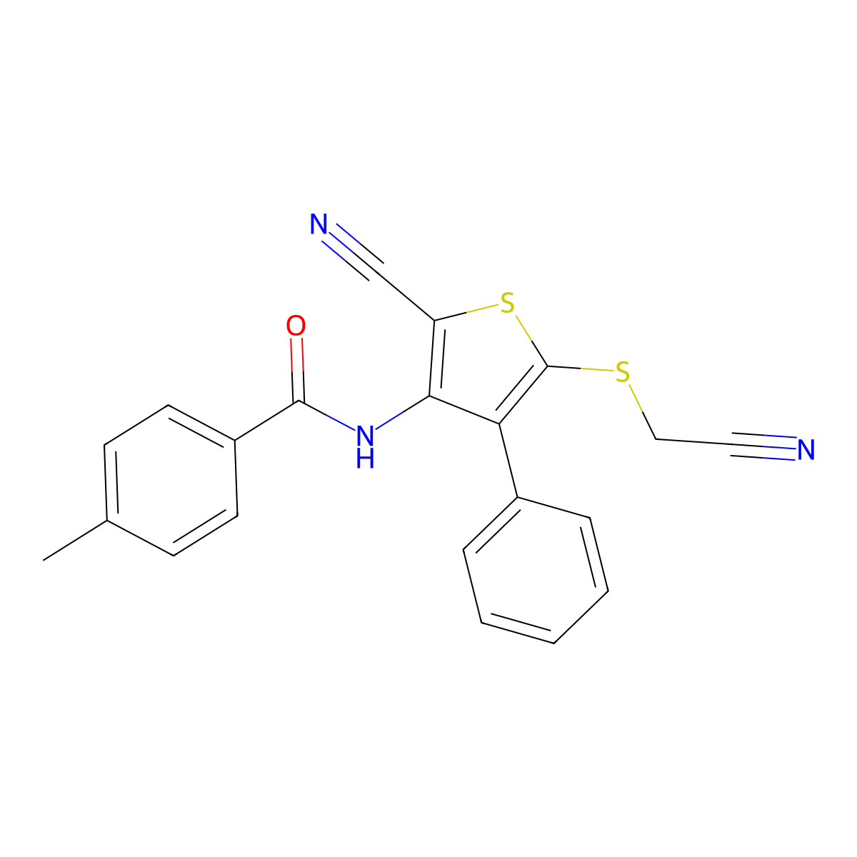 N-{2-cyano-5-[(cyanomethyl)sulfanyl]-4-phenyl-3-thienyl}-4-methylbenzenecarboxamide molecular structure, CAS 860609-94-5