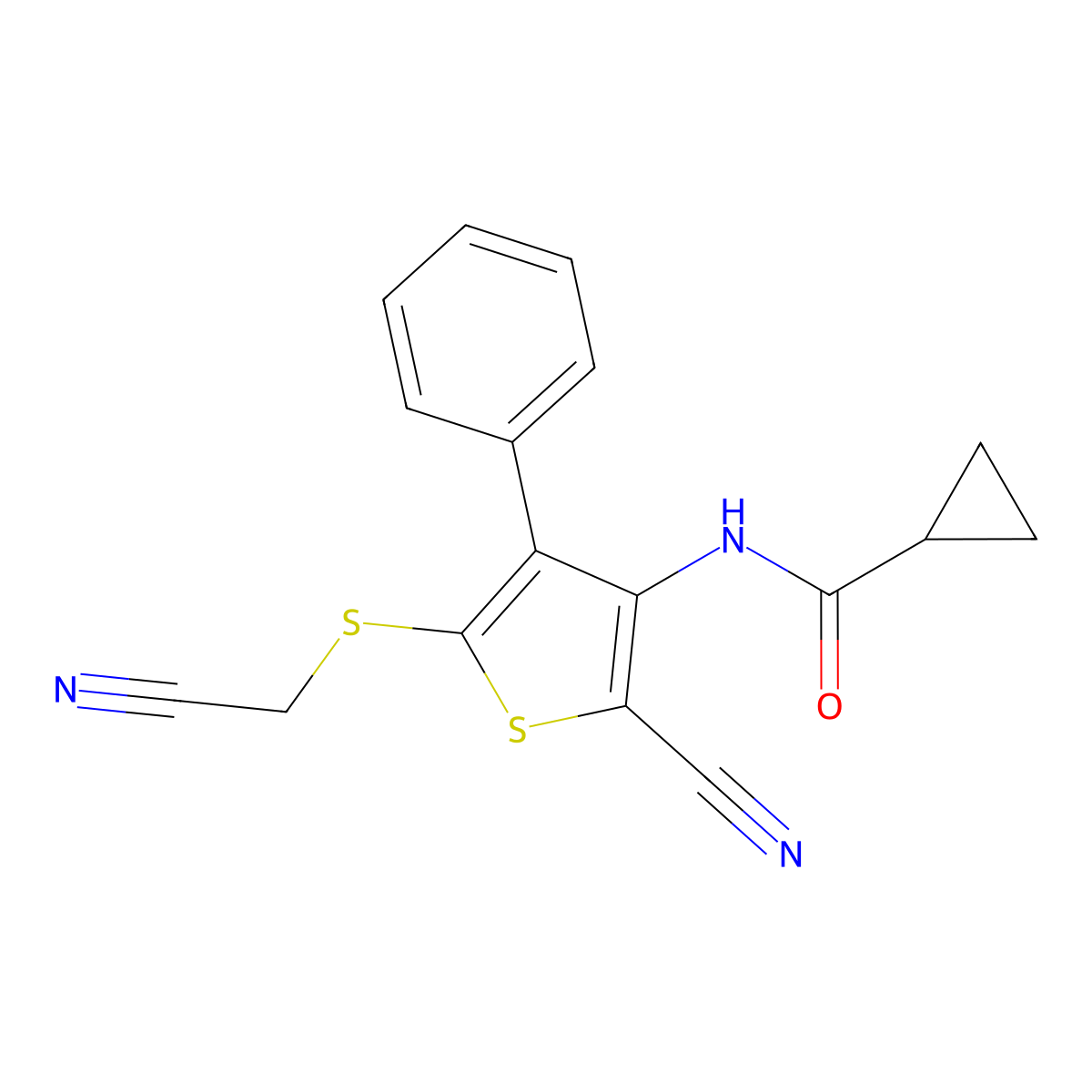 N-{2-cyano-5-[(cyanomethyl)sulfanyl]-4-phenyl-3-thienyl}cyclopropanecarboxamide molecular structure, CAS 860609-95-6