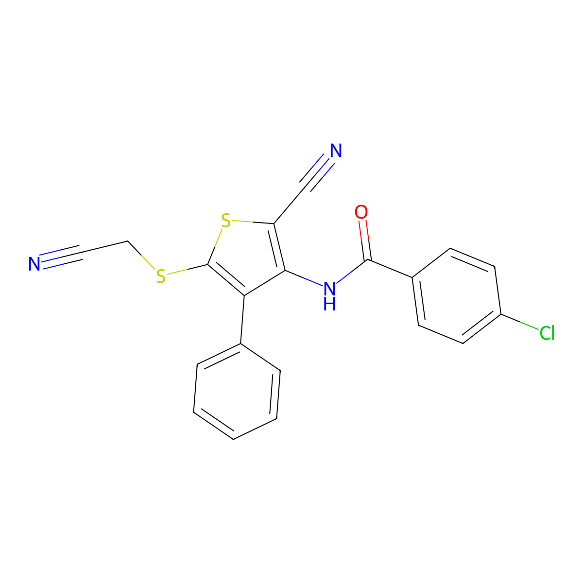 4-chloro-N-{2-cyano-5-[(cyanomethyl)sulfanyl]-4-phenyl-3-thienyl}benzenecarboxamide molecular structure, CAS 860609-96-7