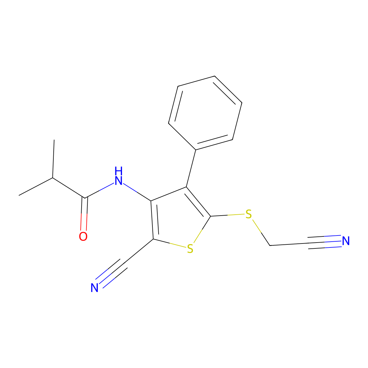 N-{2-cyano-5-[(cyanomethyl)sulfanyl]-4-phenyl-3-thienyl}-2-methylpropanamide molecular structure, CAS 860609-97-8