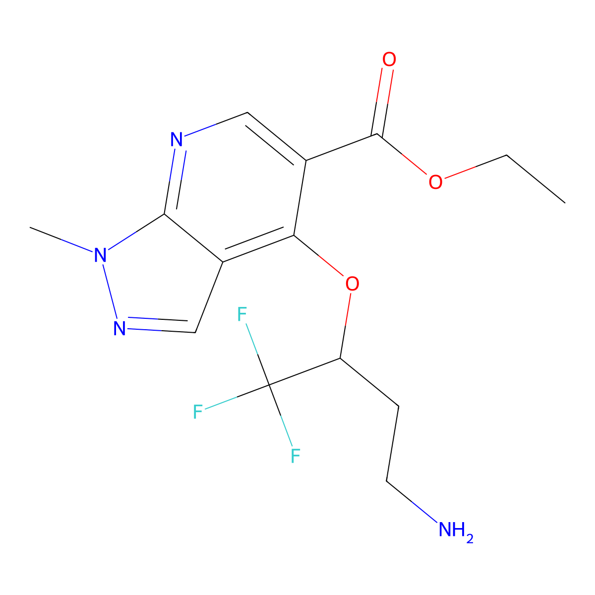 ethyl 4-[3-amino-1-(trifluoromethyl)propoxy]-1-methyl-1H-pyrazolo[3,4-b]pyridine-5-carboxylate molecular structure, CAS 860610-42-0