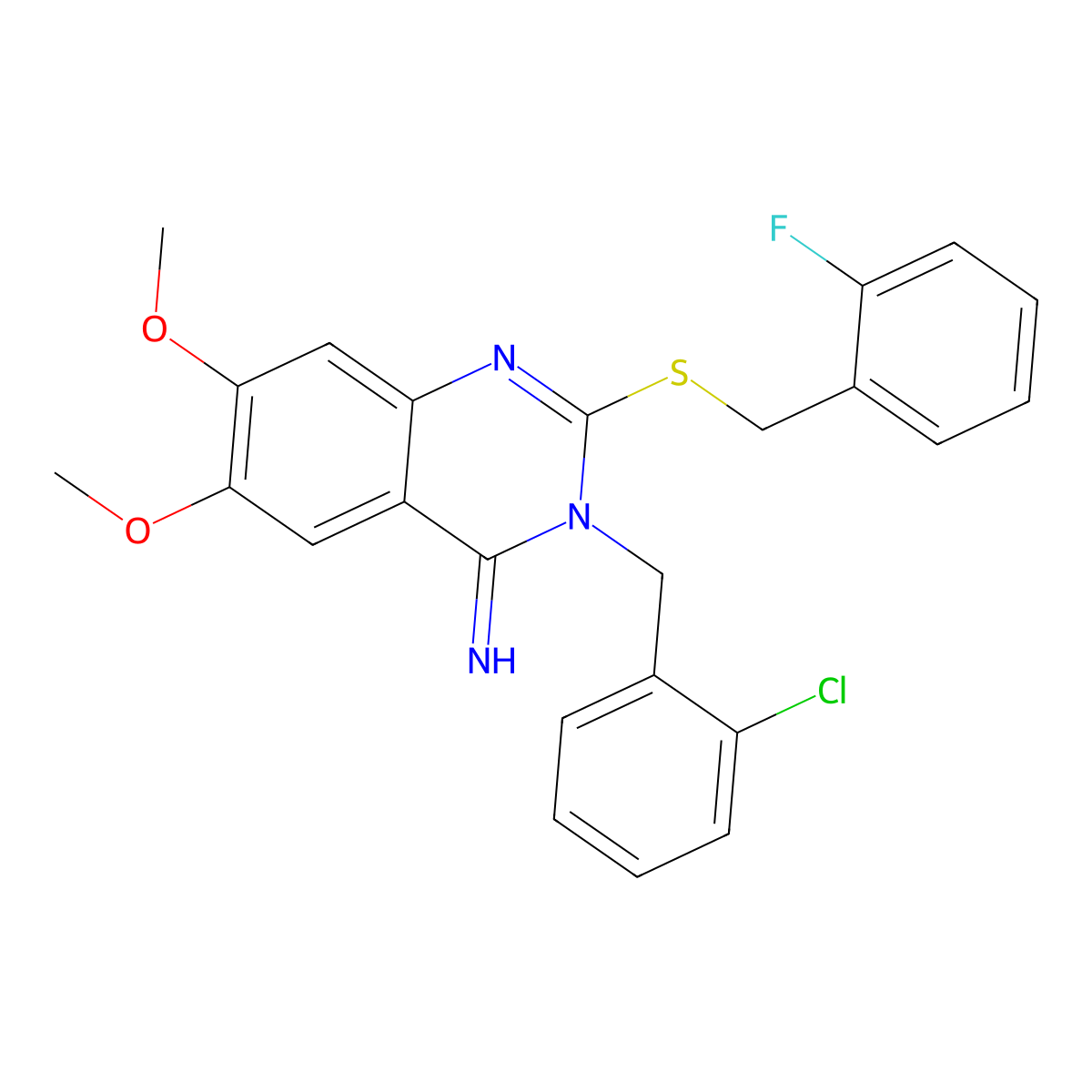3-(2-chlorobenzyl)-2-[(2-fluorobenzyl)sulfanyl]-6,7-dimethoxy-4(3H)-quinazolinimine molecular structure, CAS 860610-57-7