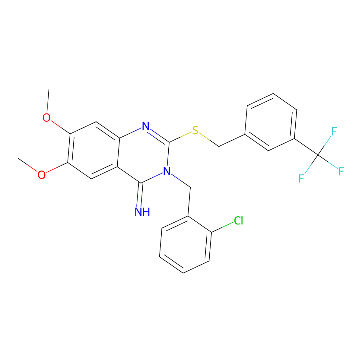 3-(2-chlorobenzyl)-6,7-dimethoxy-2-{[3-(trifluoromethyl)benzyl]sulfanyl}-4(3H)-quinazolinimine molecular structure, CAS 860610-62-4