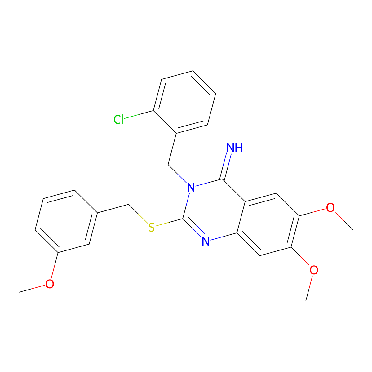 3-[(2-Chlorophenyl)methyl]-6,7-dimethoxy-2-[(3-methoxyphenyl)methylsulfanyl]quinazolin-4-imine molecular structure, CAS 860610-63-5