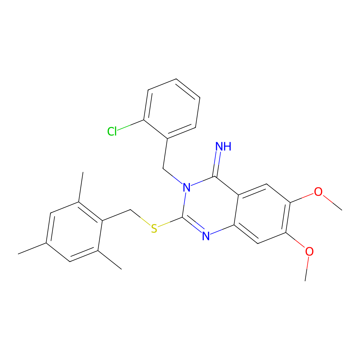 3-(2-chlorobenzyl)-2-[(mesitylmethyl)sulfanyl]-6,7-dimethoxy-4(3H)-quinazolinimine molecular structure, CAS 860610-65-7
