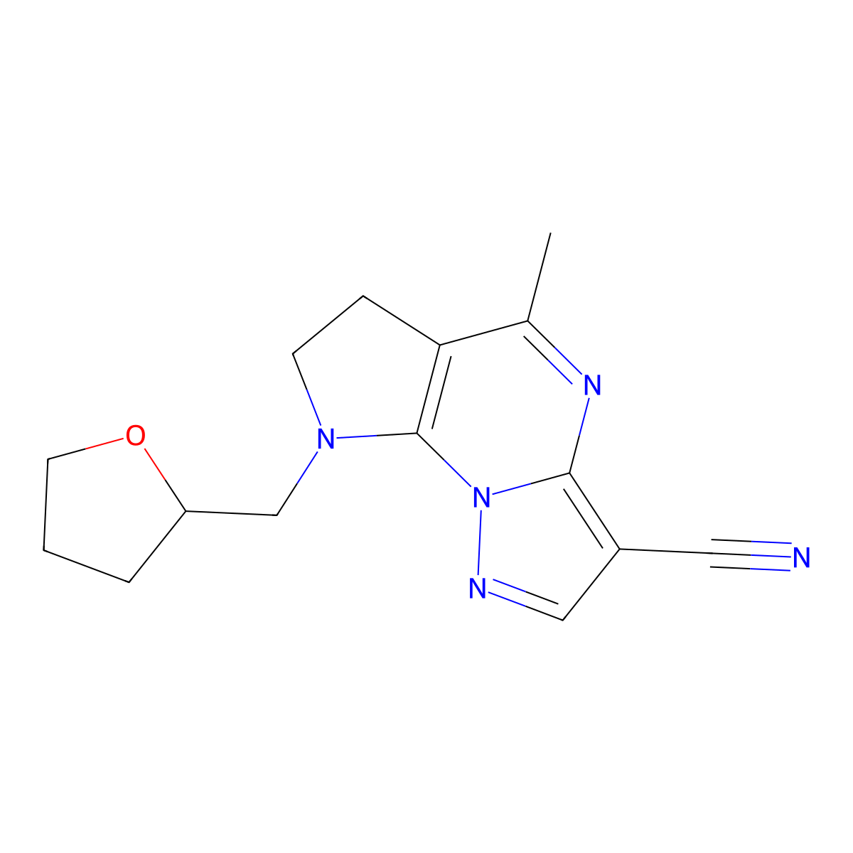 5-methyl-8-(tetrahydro-2-furanylmethyl)-7,8-dihydro-6H-pyrazolo[1,5-a]pyrrolo[3,2-e]pyrimidine-3-carbonitrile molecular structure, CAS 860610-69-1