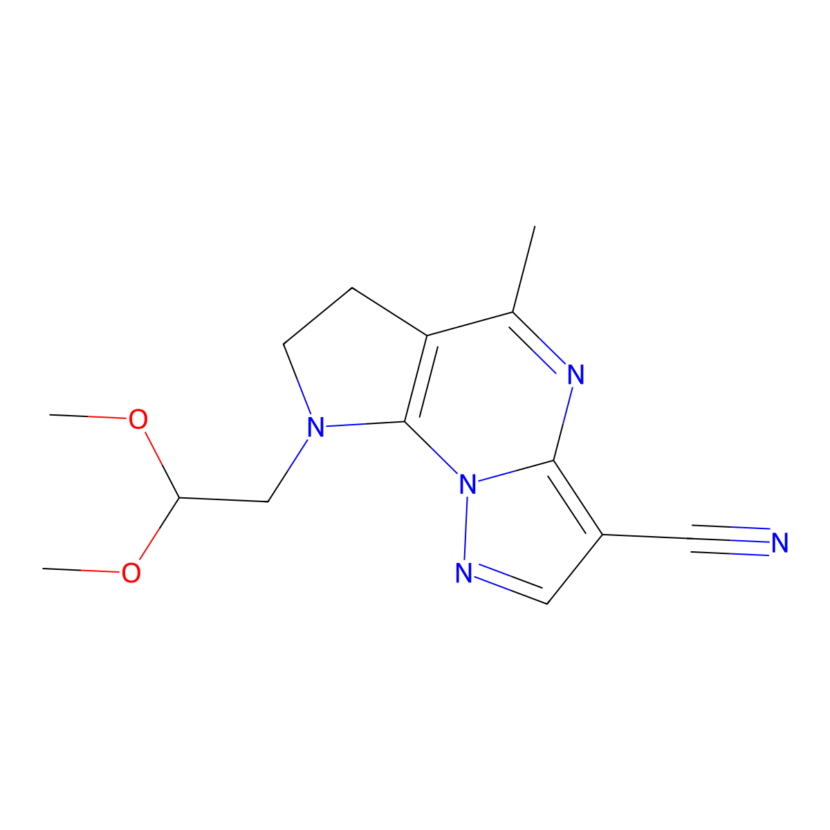 8-(2,2-Dimethoxyethyl)-7,8-dihydro-5-methyl-6H-pyrazolo(1,5-a)pyrrolo(3,2-e)pyrimidine-3-carbonitrile molecular structure, CAS 860610-82-8