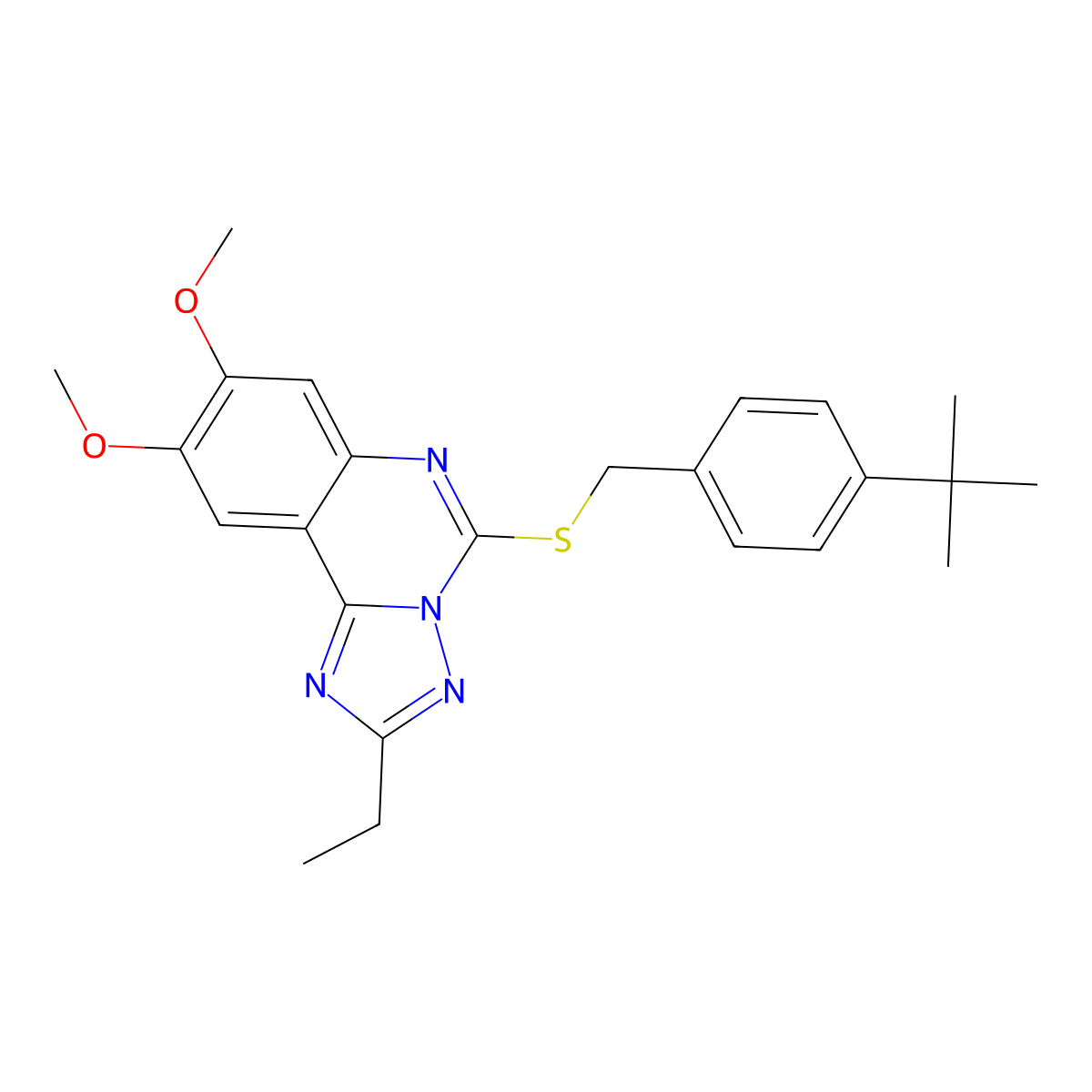 5-{[4-(Tert-butyl)benzyl]sulfanyl}-2-ethyl-8,9-dimethoxy[1,2,4]triazolo[1,5-c]quinazoline molecular structure, CAS 860610-87-3