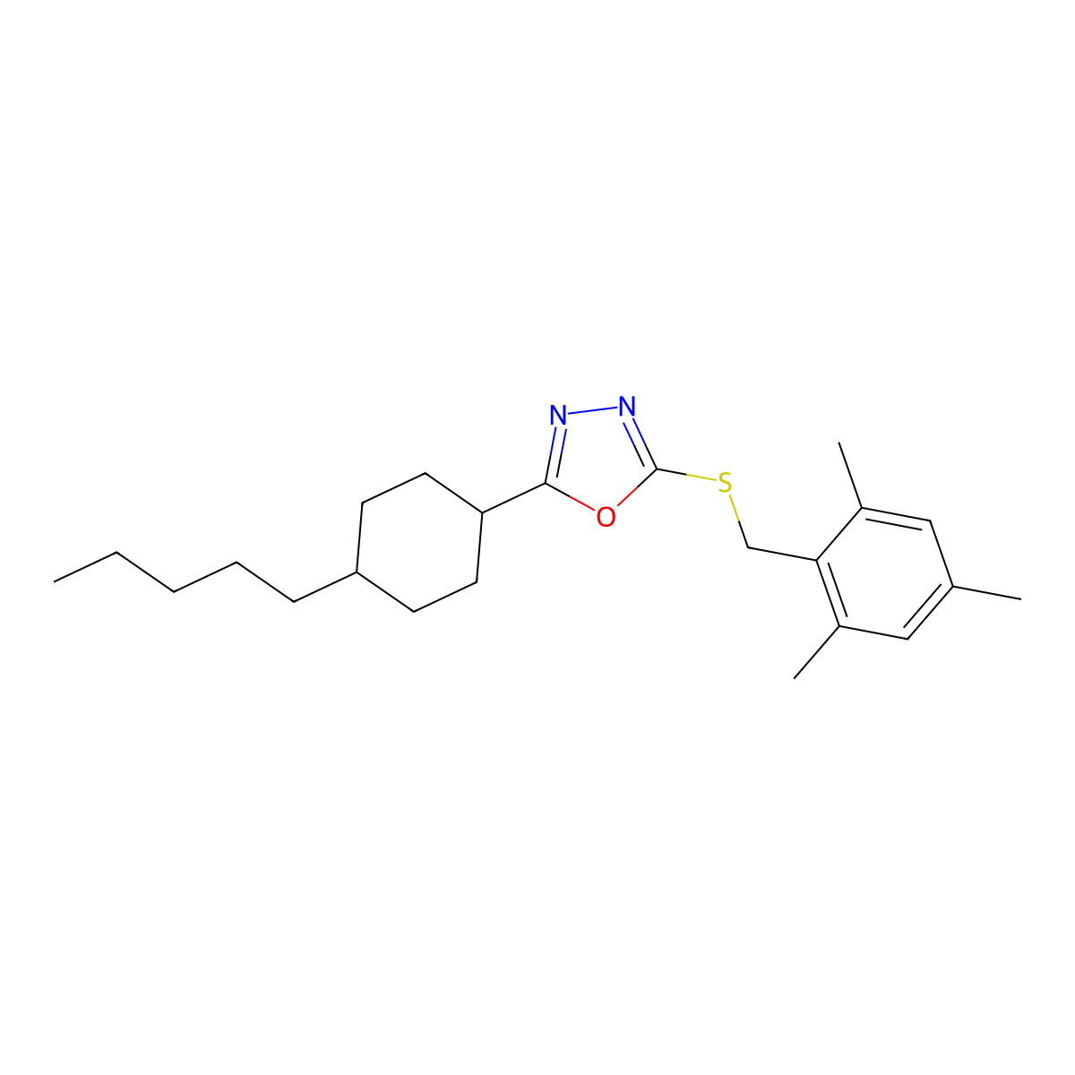 2-[(Mesitylmethyl)sulfanyl]-5-(4-pentylcyclohexyl)-1,3,4-oxadiazole molecular structure, CAS 860610-90-8