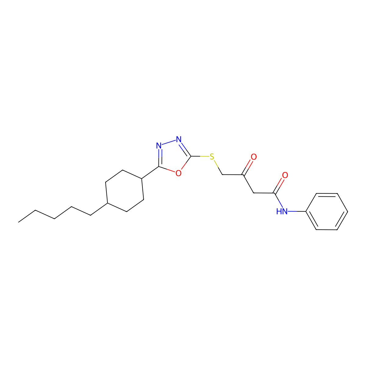 3-oxo-4-{[5-(4-pentylcyclohexyl)-1,3,4-oxadiazol-2-yl]sulfanyl}-N-phenylbutanamide molecular structure, CAS 860611-10-5